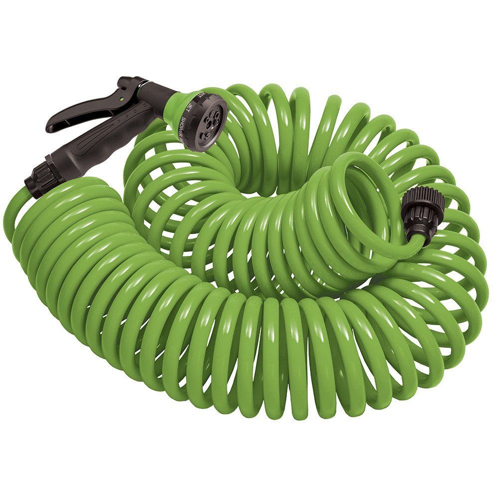 Orbit manguera enrollable vista frontal mostrando diseño compacto y color verde