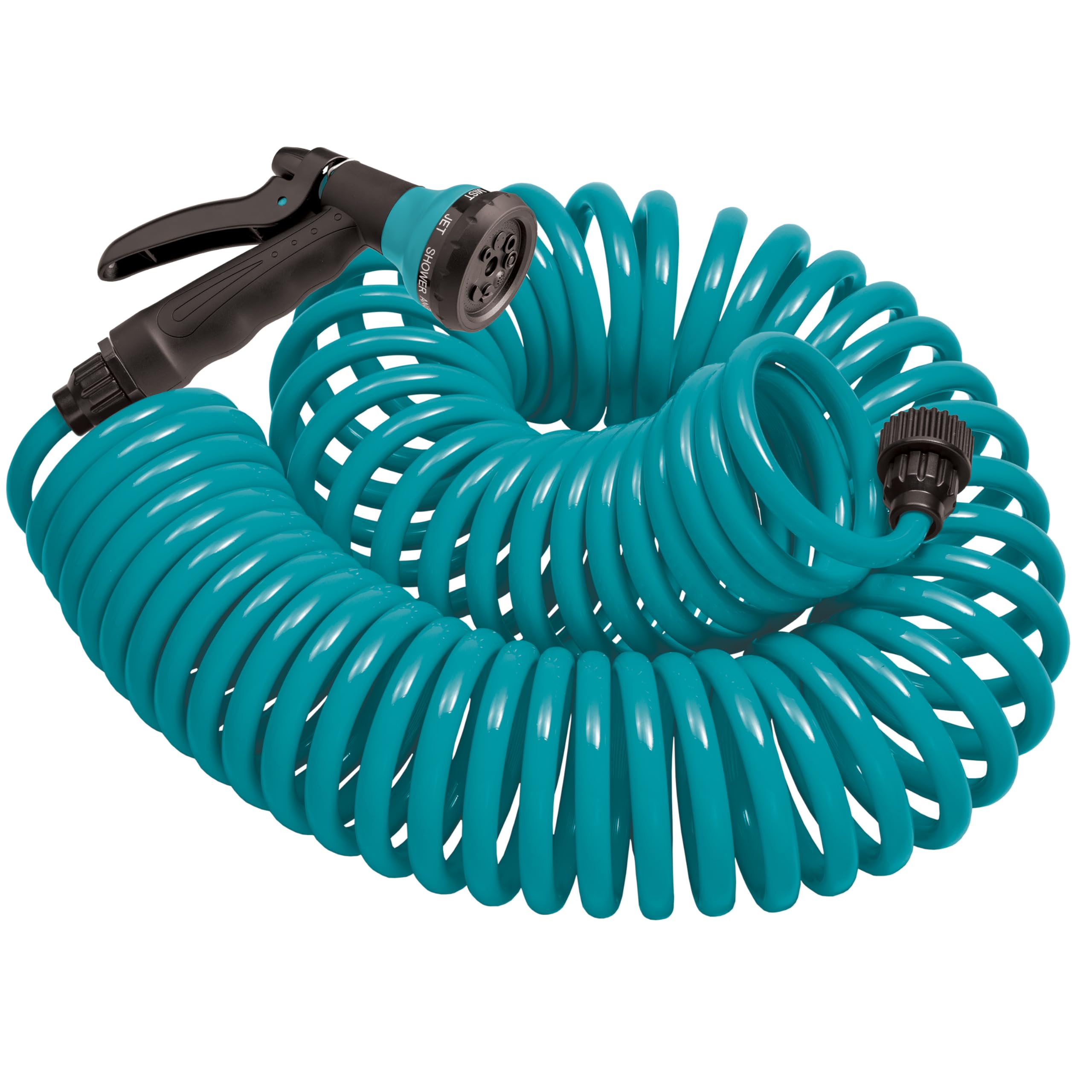 Orbit manguera enrollable frontal mostrando longitud y color azul, almacenamiento fácil