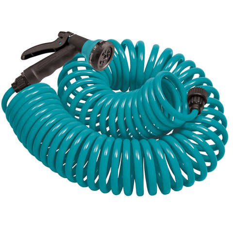 Orbit manguera enrollable frontal mostrando longitud y color azul, almacenamiento fácil