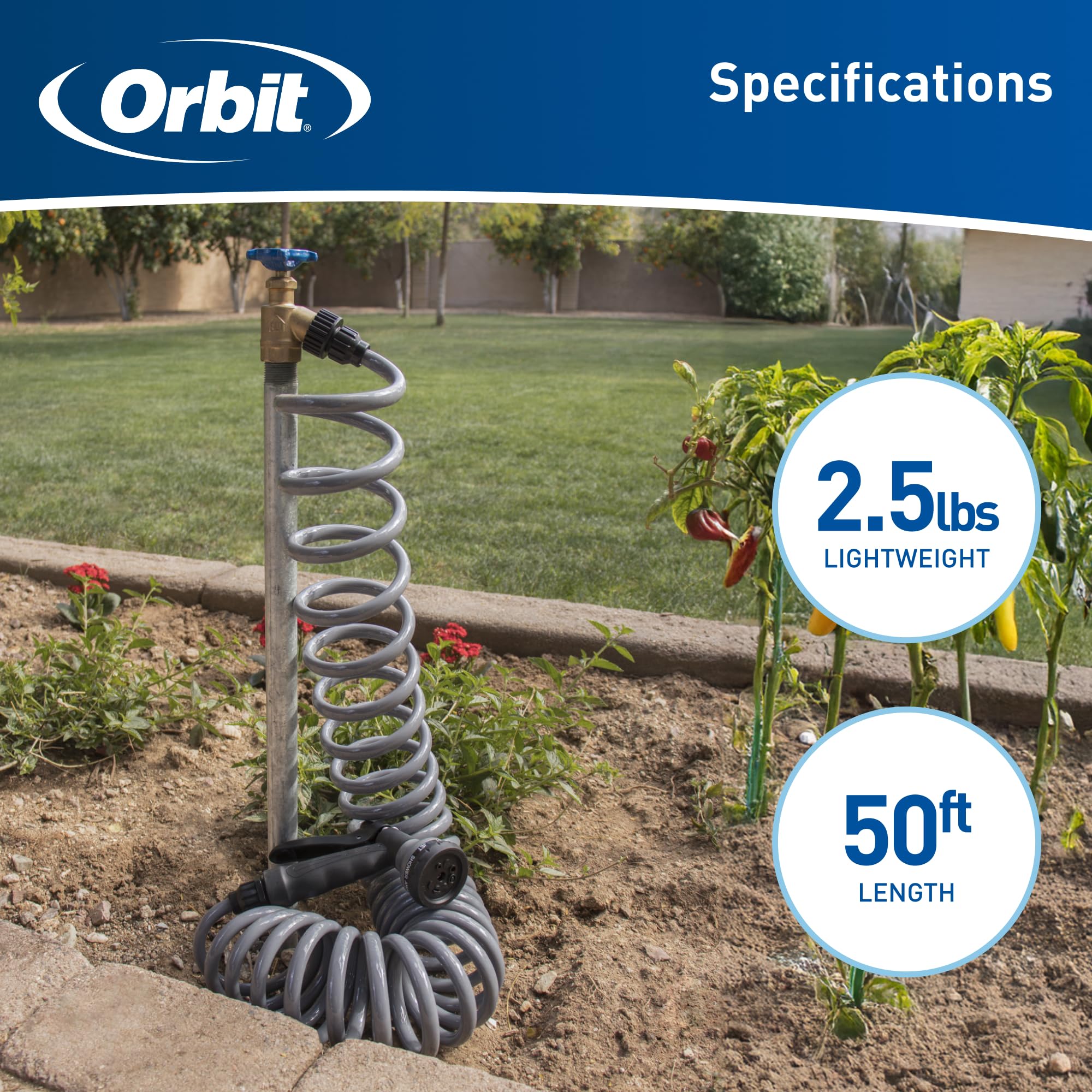 Orbit manguera extendida comparada con una regla para visualizar 50 pies