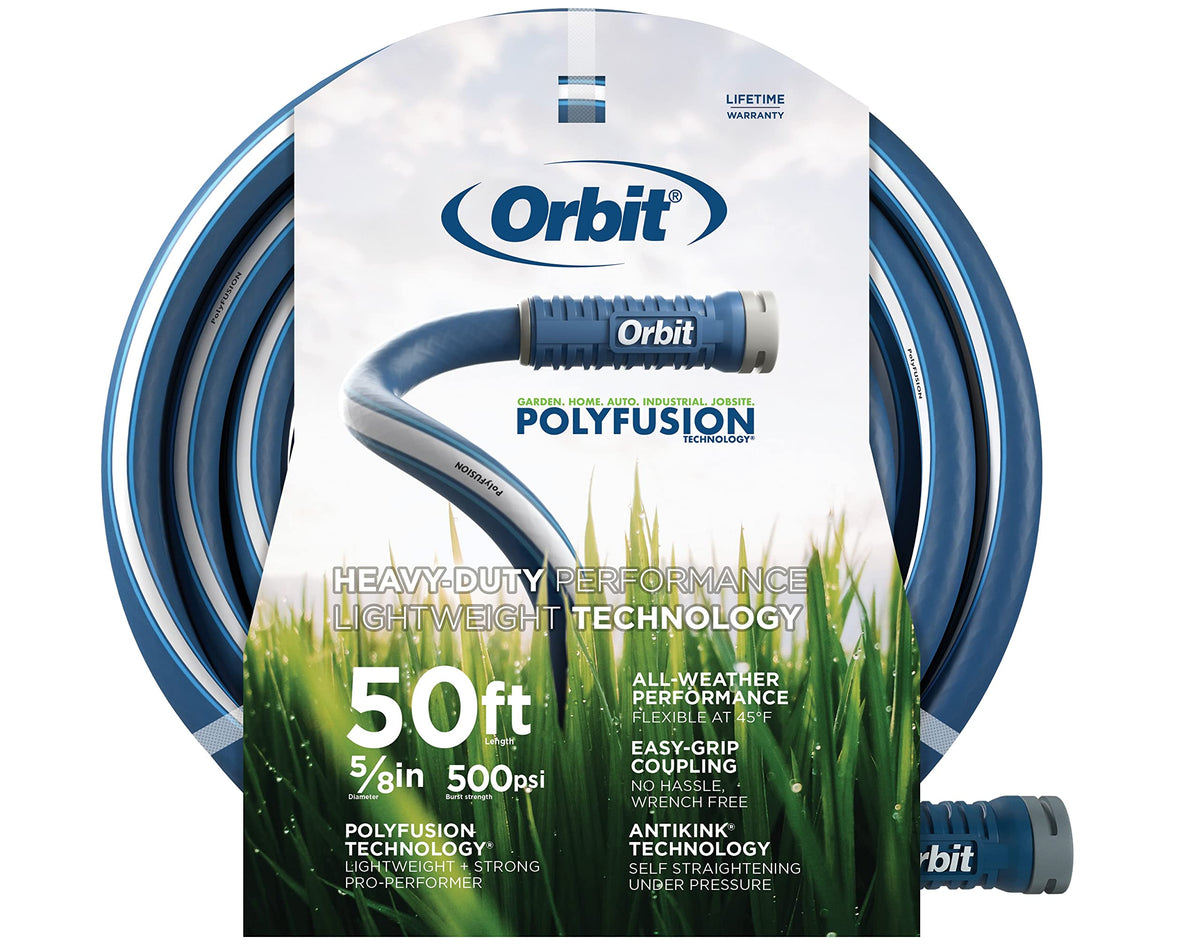 Orbit manguera polyfusion vista frontal del paquete y longitud visible, durabilidad