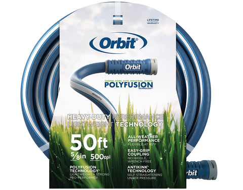 Orbit manguera polyfusion vista frontal del paquete y longitud visible, durabilidad