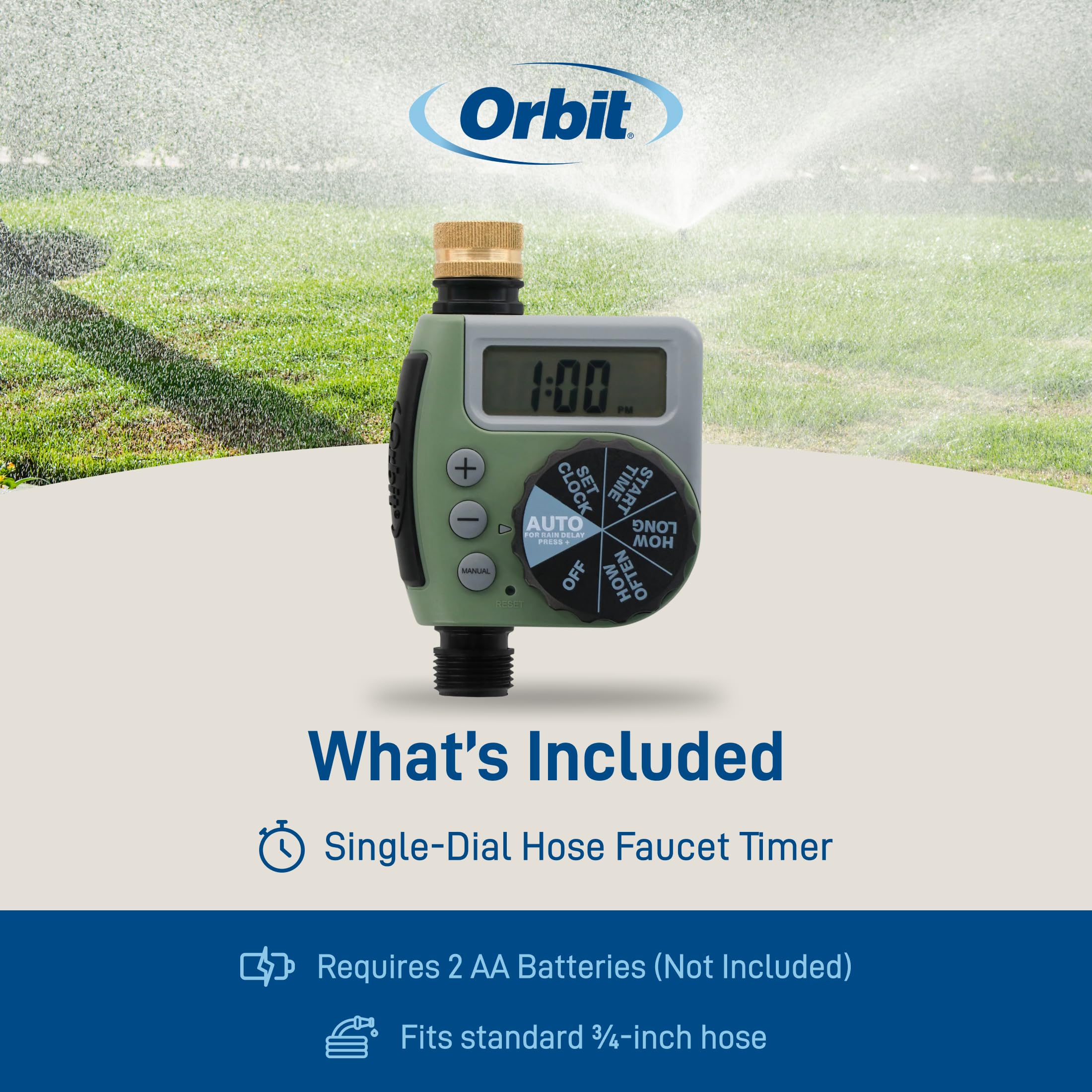 Orbit temporizador conectado a manguera demostrando instalación rápida