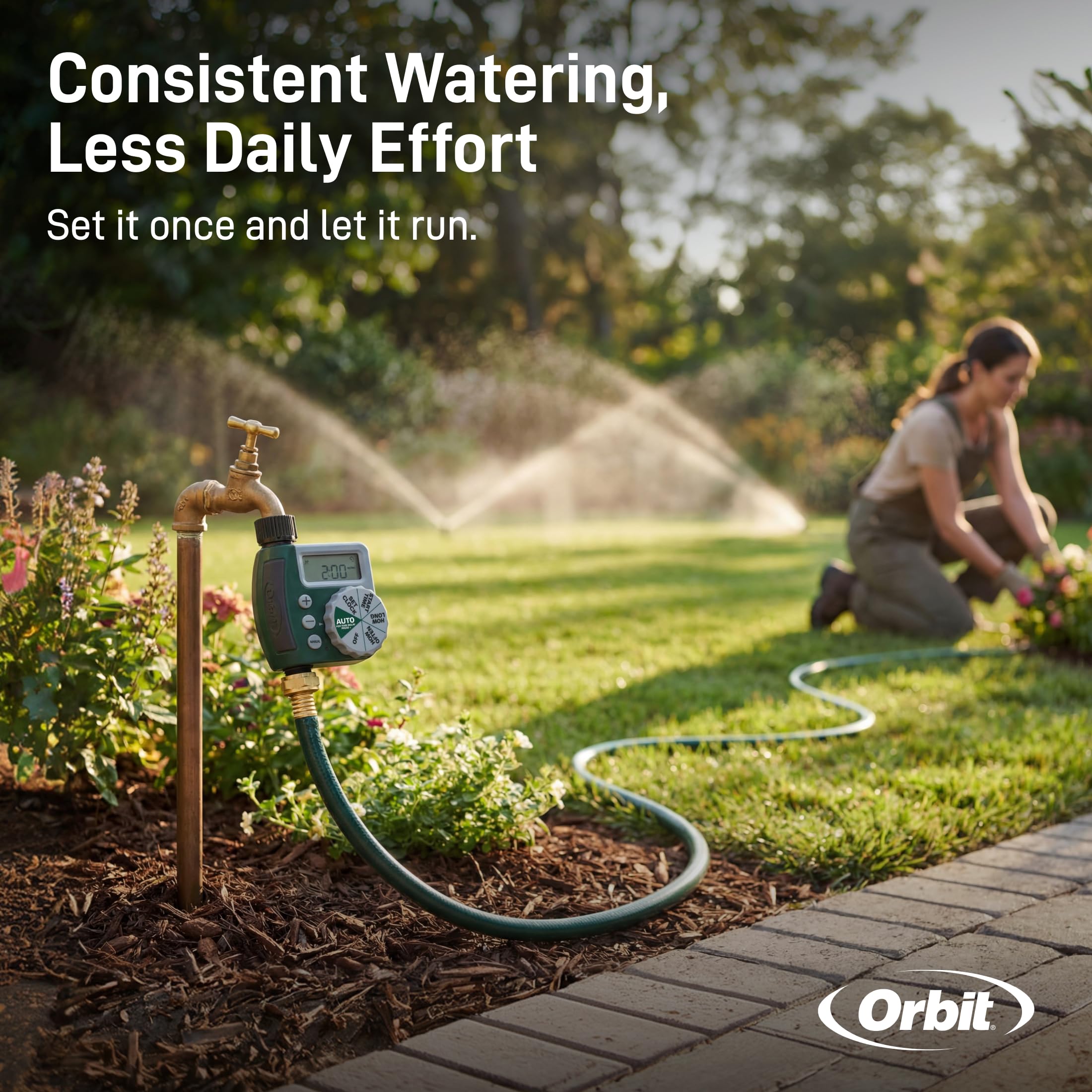 Orbit con manguera conectada funcionamiento práctico en tu jardín
