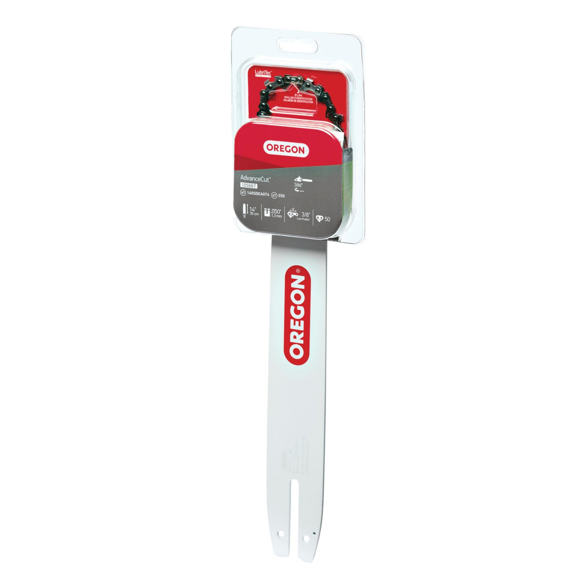 Oregon barra de 14 pulgadas frontal mostrando montaje y tamaño práctico