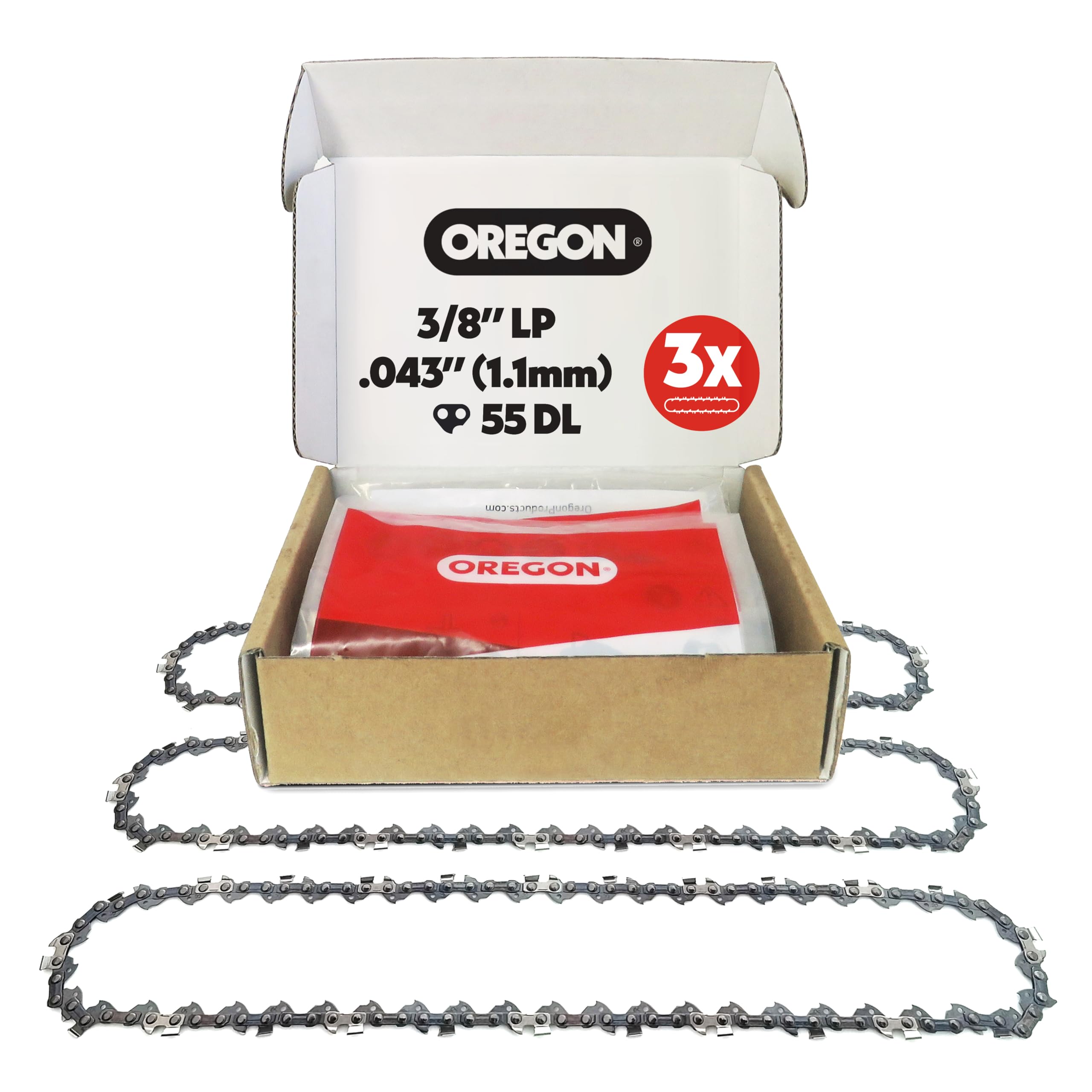 Oregon cadena frontal paquete mostrando la longitud y compatibilidad