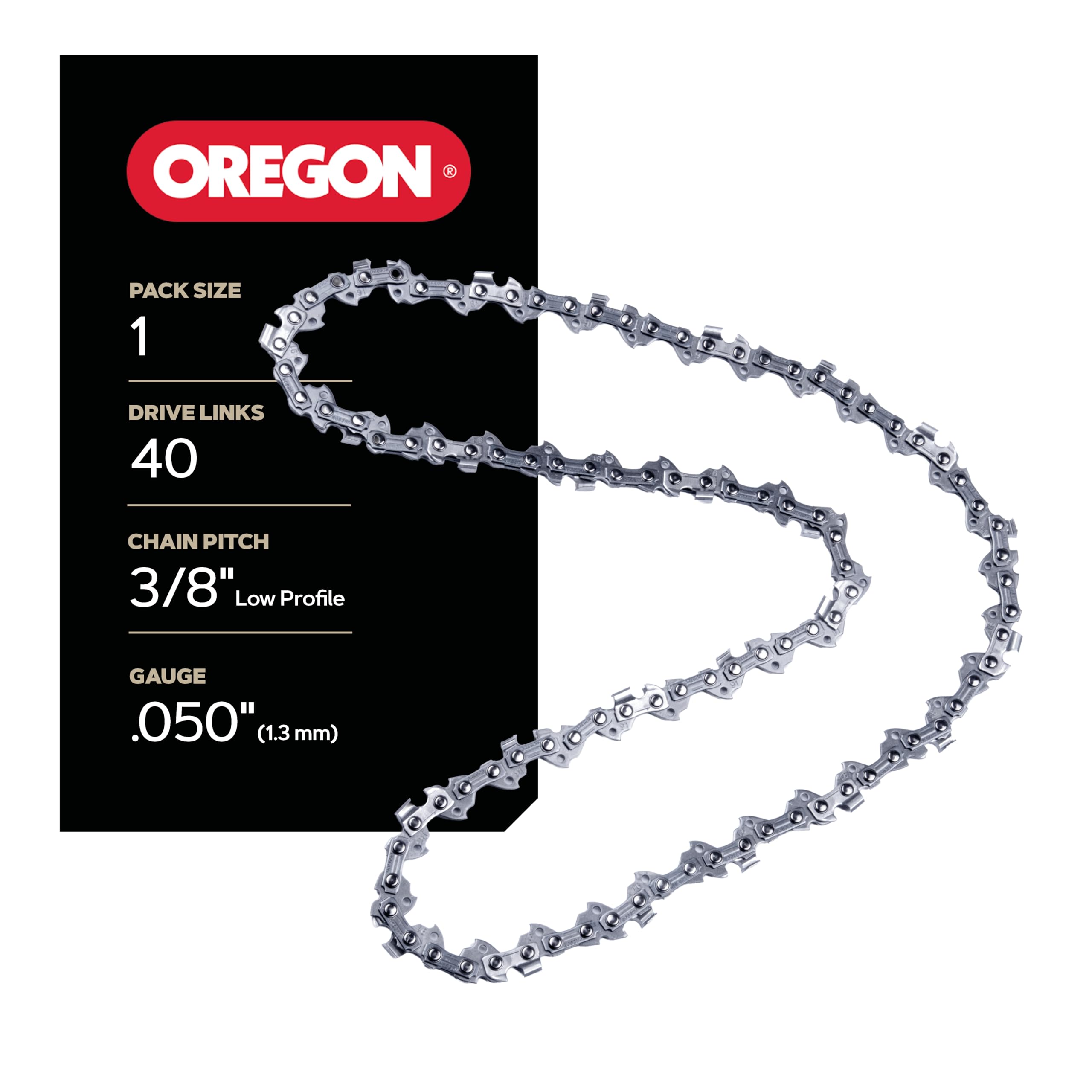 Oregon cadena frontal con embalaje mostrando compatibilidad y ajuste seguro