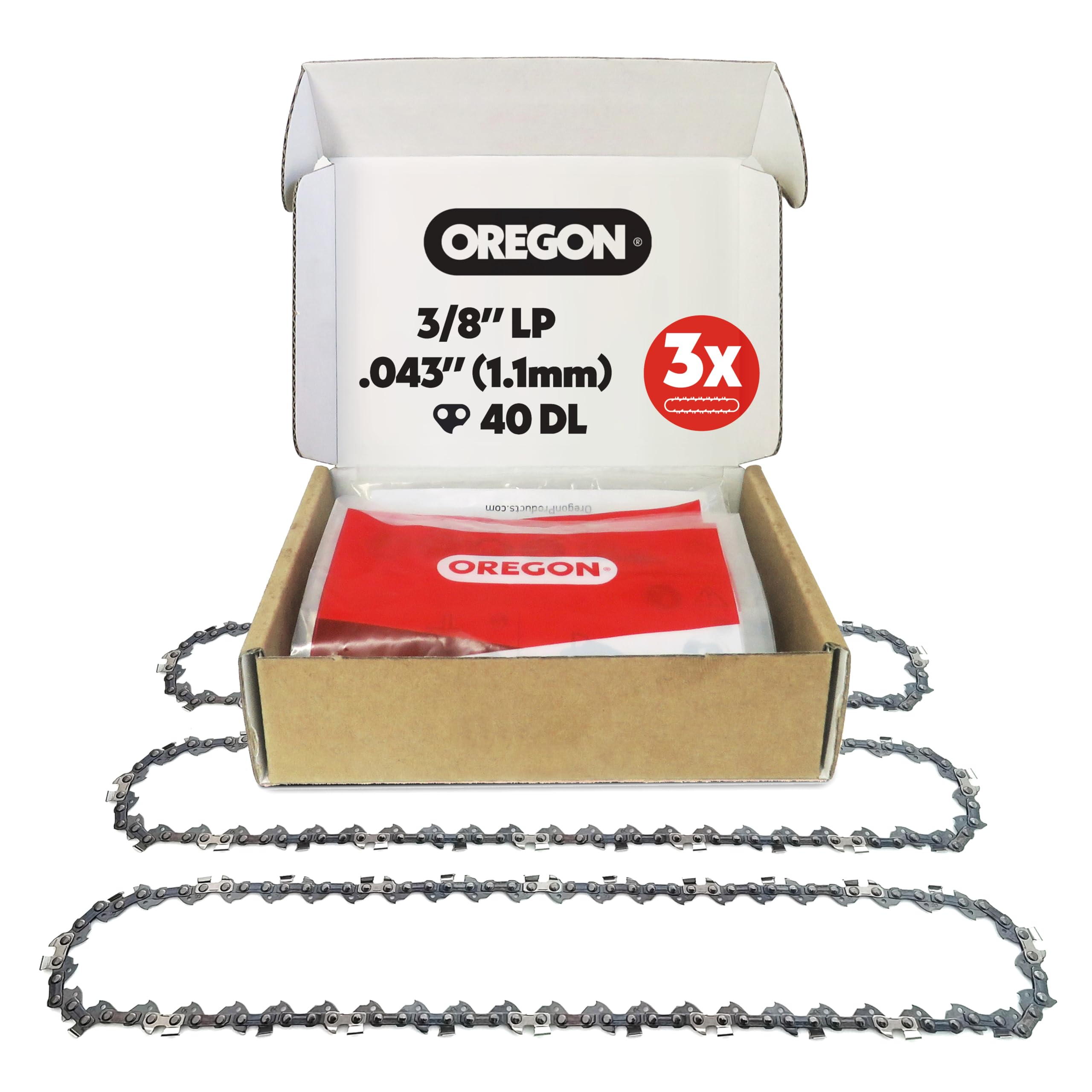 Oregon cadena frontal y empaque mostrando ajuste 10" para recambio seguro