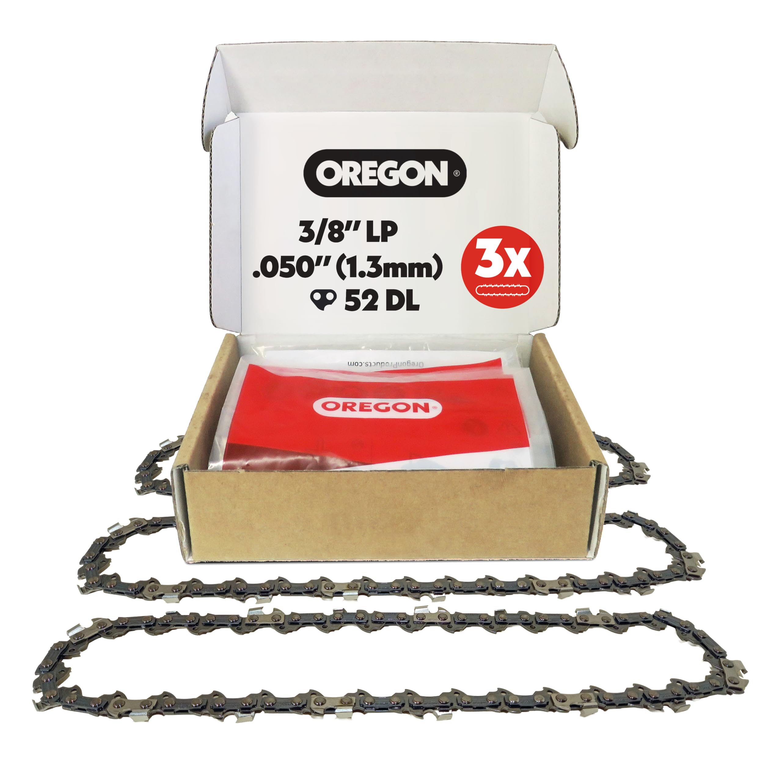 Oregon cadena frontal en empaque mostrando ajuste y durabilidad