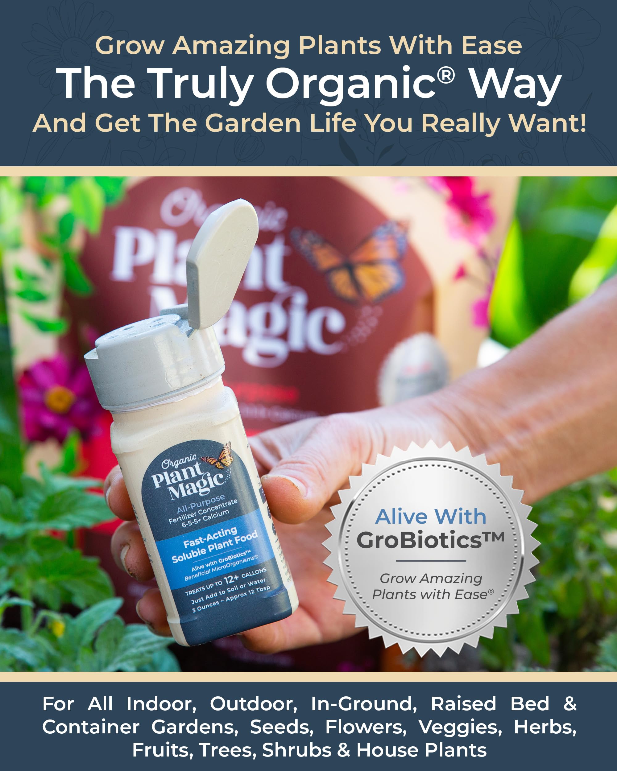 Organic Plant Magic etiqueta con instrucciones claras y beneficios orgánicos