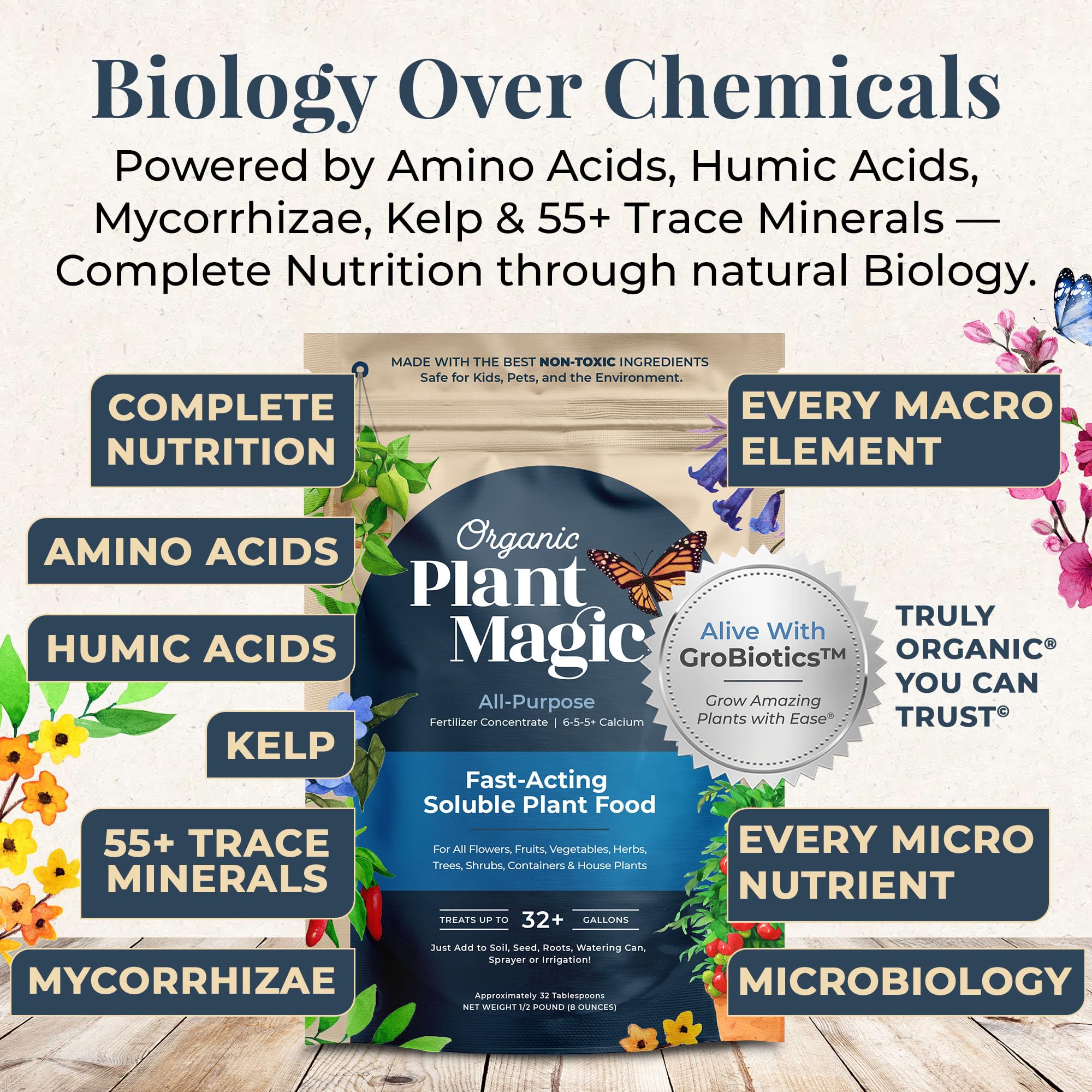 Organic Plant Magic etiqueta con ingredientes orgánicos y beneficios