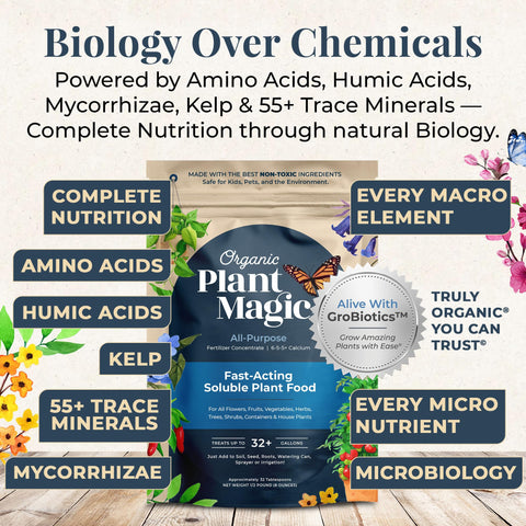 Organic Plant Magic etiqueta con ingredientes orgánicos y beneficios