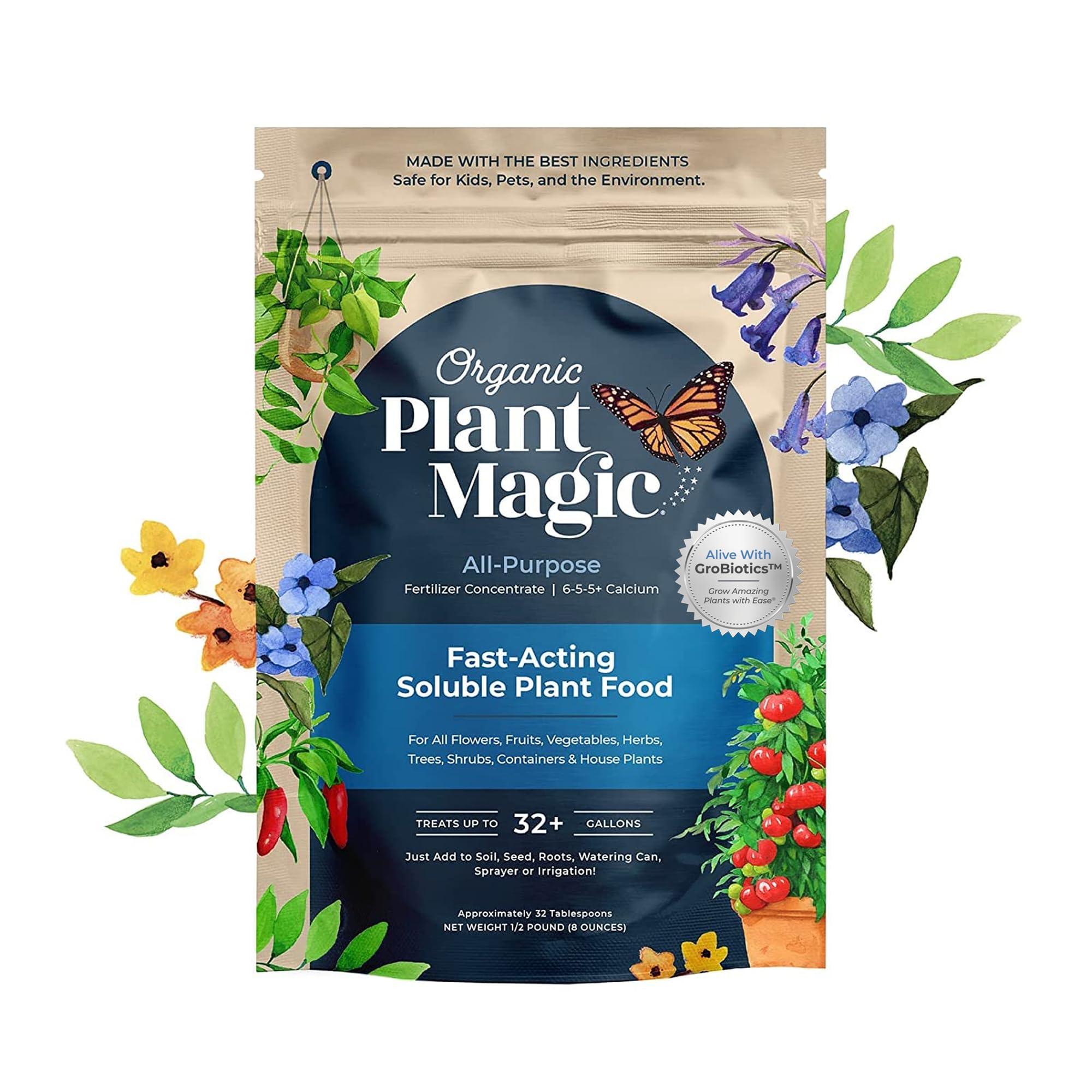 Organic Plant Magic empaque frontal mostrando producto y beneficio nutritivo
