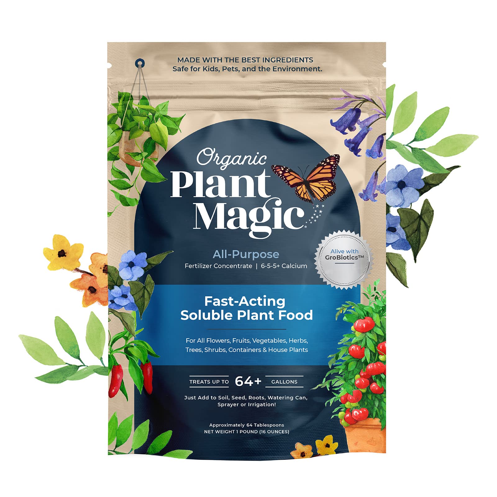 Organic Plant Magic frente del paquete mostrando descripción y tamaño