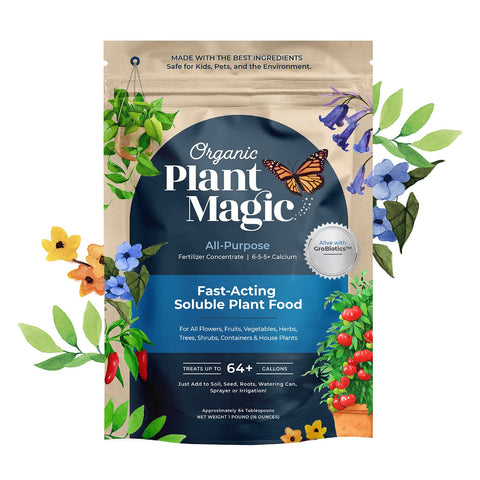 Organic Plant Magic frente del paquete mostrando descripción y tamaño