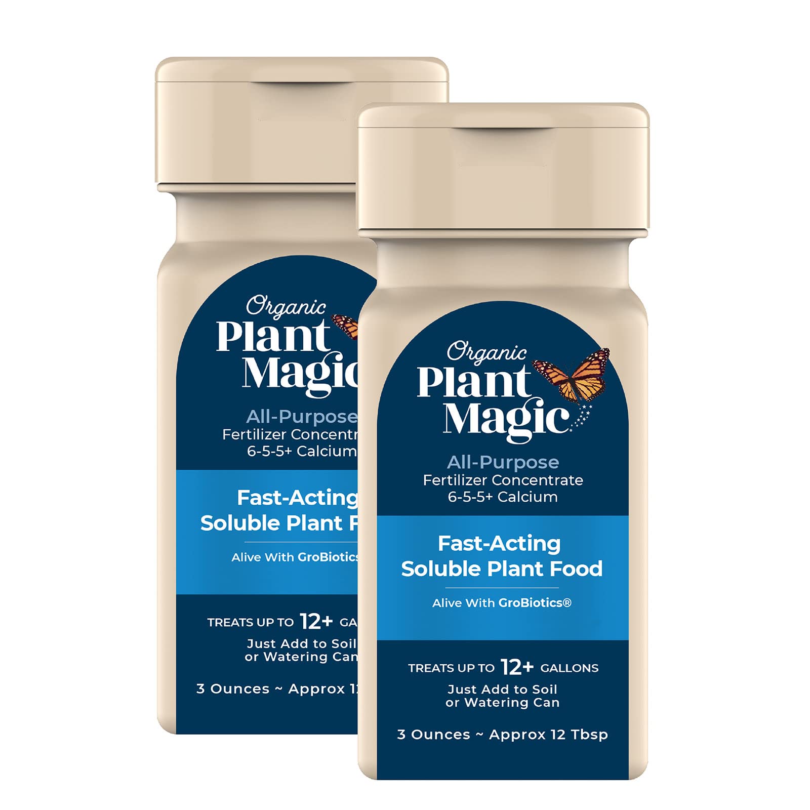 Organic Plant Magic vista frontal del pack de dos shakers, conveniencia inmediata
