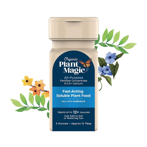 Organic Plant Magic shaker frontal mostrando envase y rendimiento