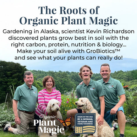 Organic Plant Magic en huerto casero mostrando flores y verduras sanas