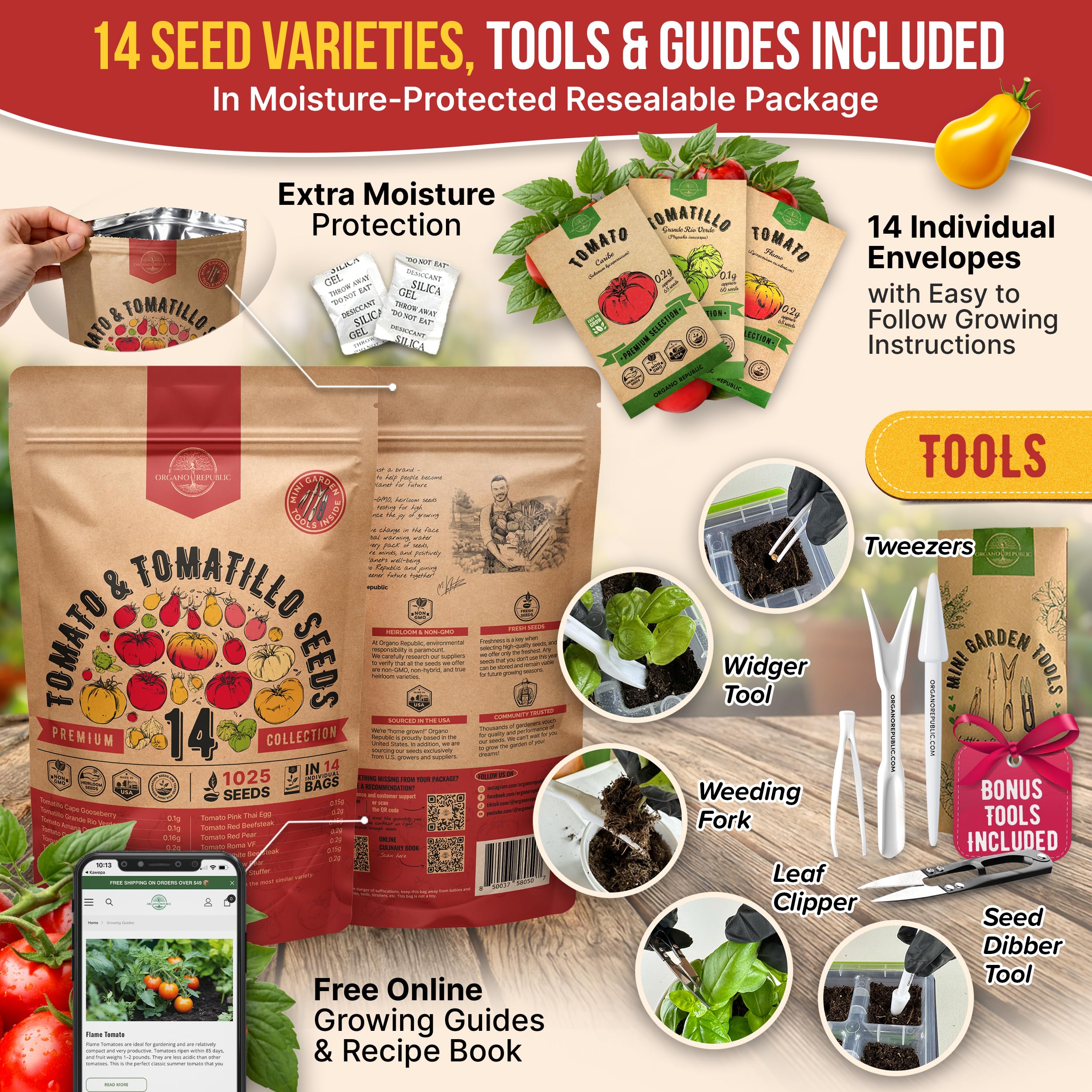Organo Republic close-up de semillas de tomate y tomatillo mostrando textura y calidad NO‑GMO