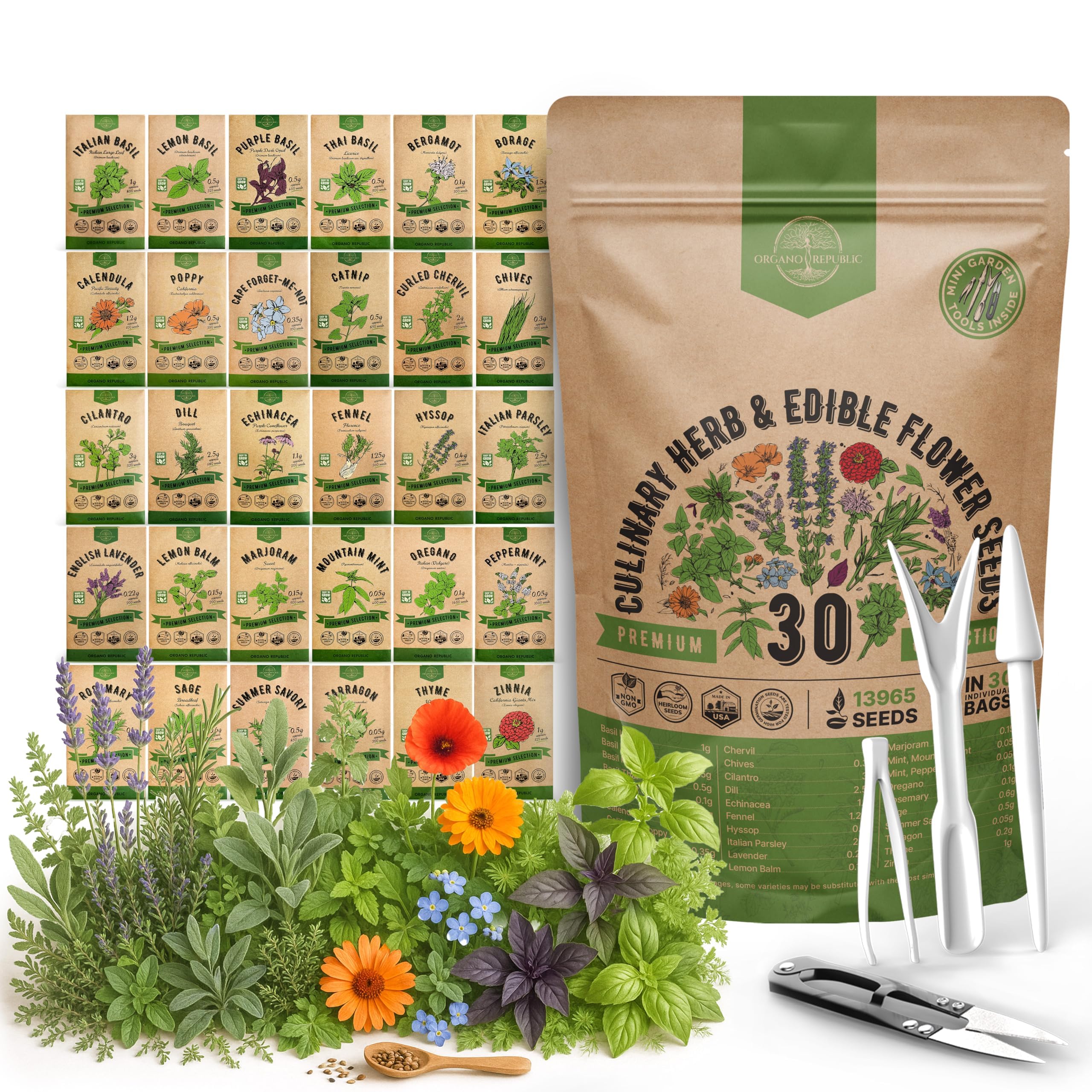 Organo Republic frente del empaque que muestra variedad y cantidad de semillas, ideal para comenzar un huerto