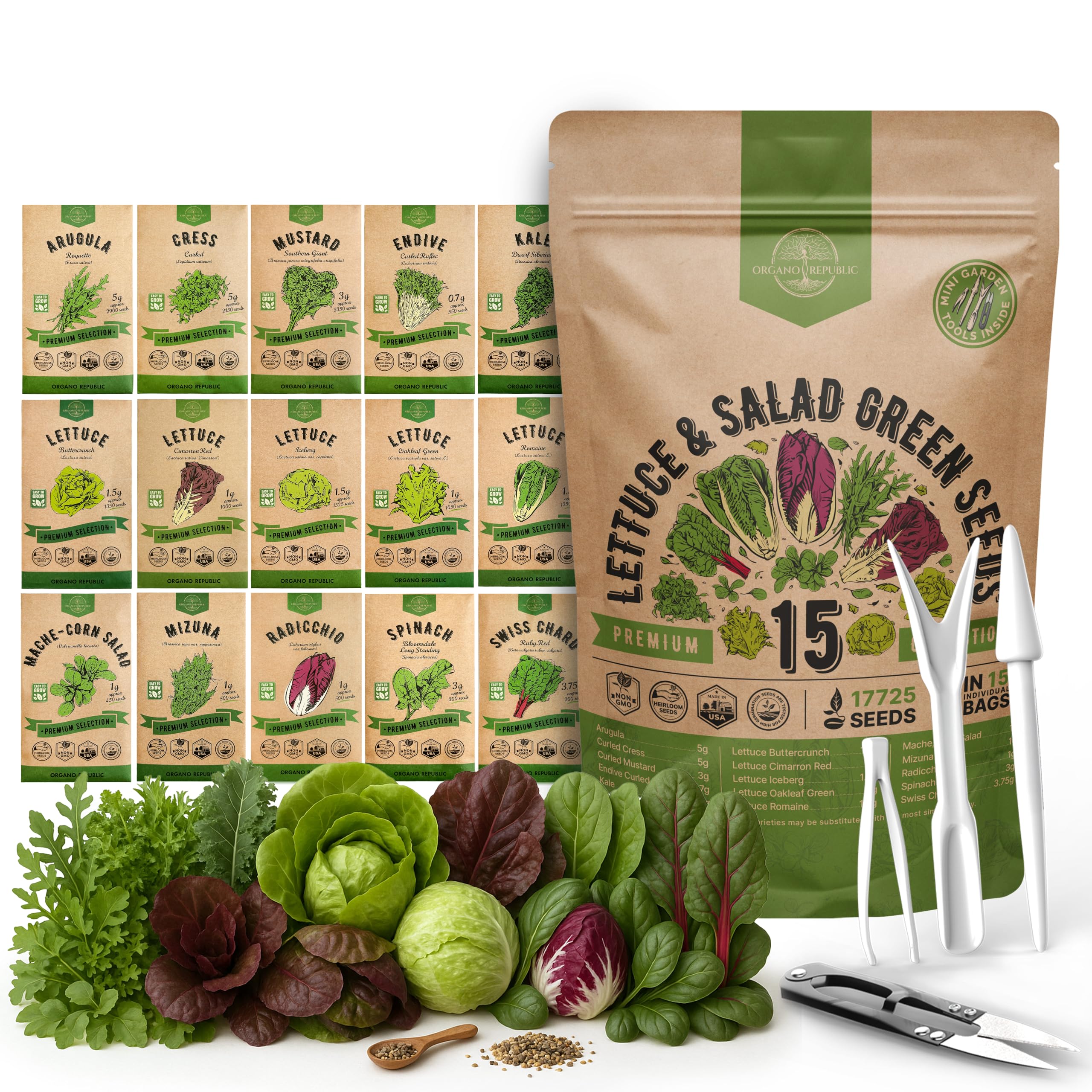 Organo Republic frente del paquete mostrando variedad y cantidad de semillas, ideal para empezar huerto