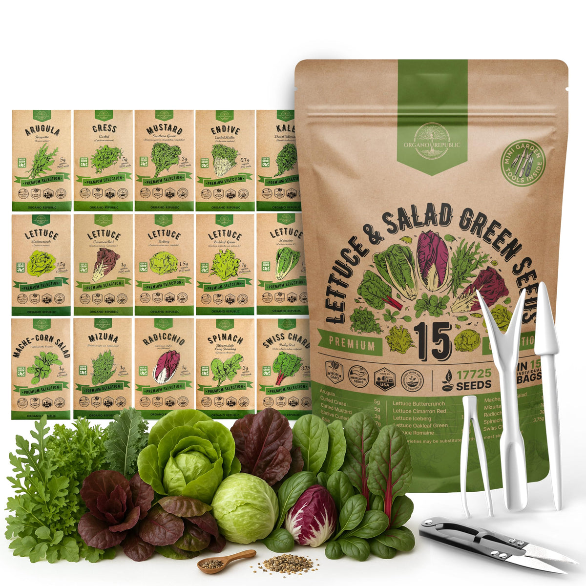 Organo Republic frente del paquete mostrando variedad y cantidad de semillas, ideal para empezar huerto