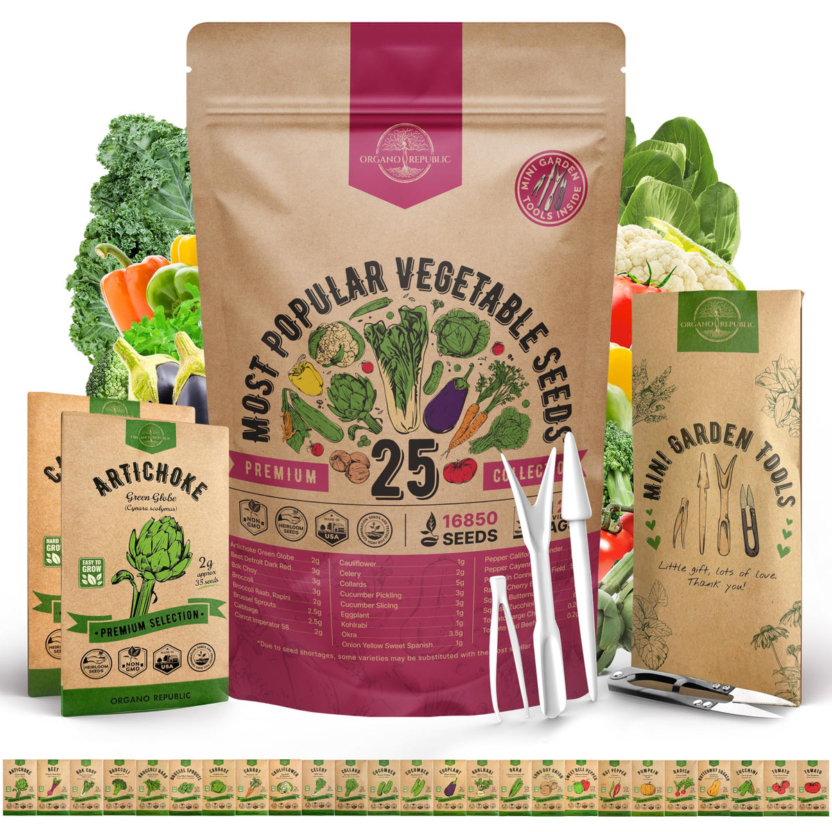 Organo Republic frente del pack con 25 variedades de semillas, ahorro y variedad