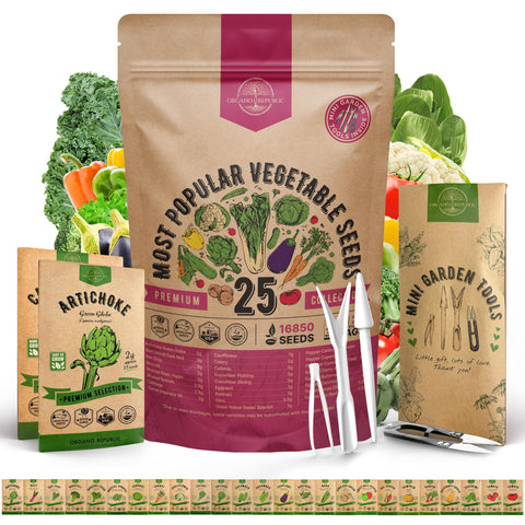 Organo Republic frente del pack con 25 variedades de semillas, ahorro y variedad