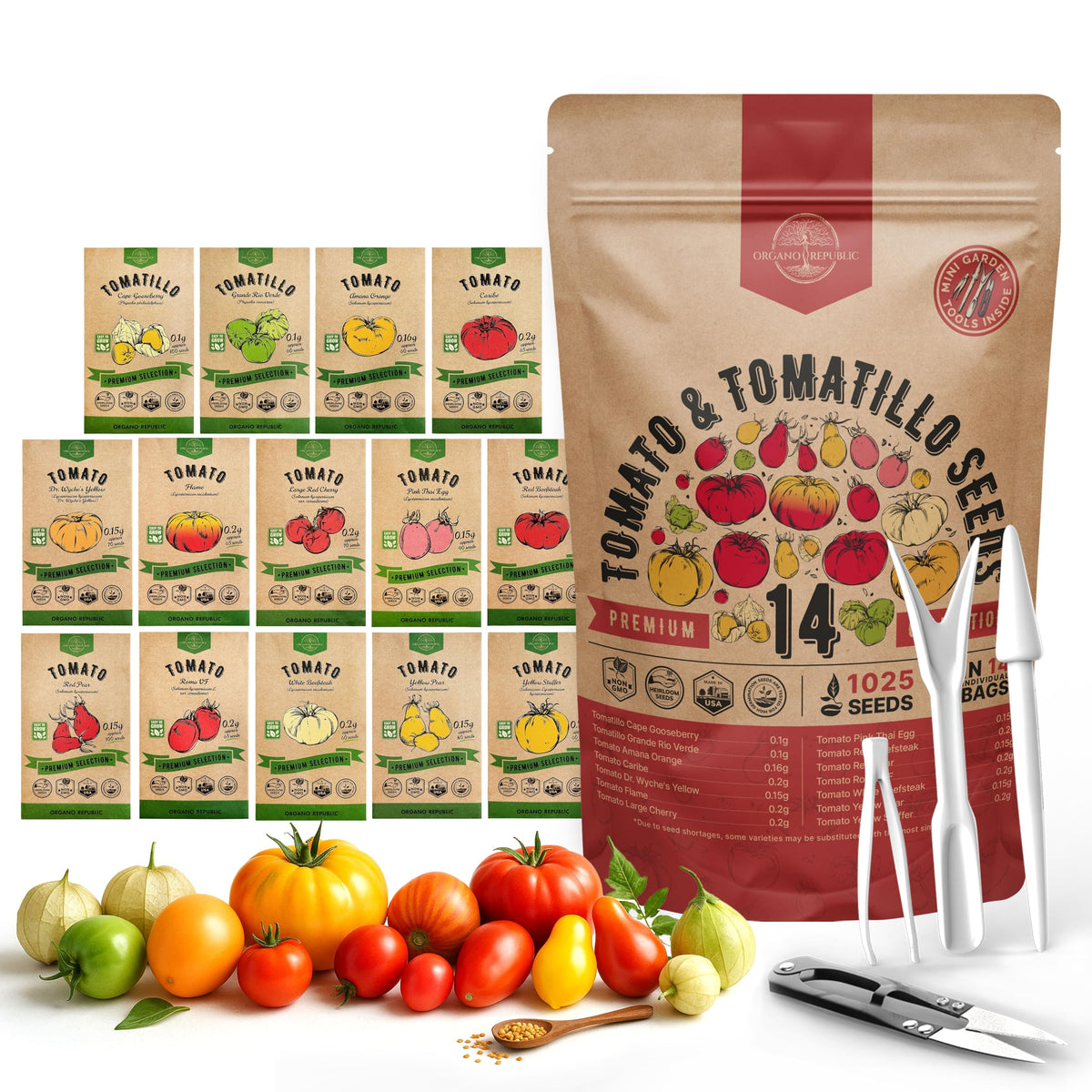 Organo Republic empaque frontal del pack mostrando 14 sobres y bolsa resellable, práctico para almacenamiento