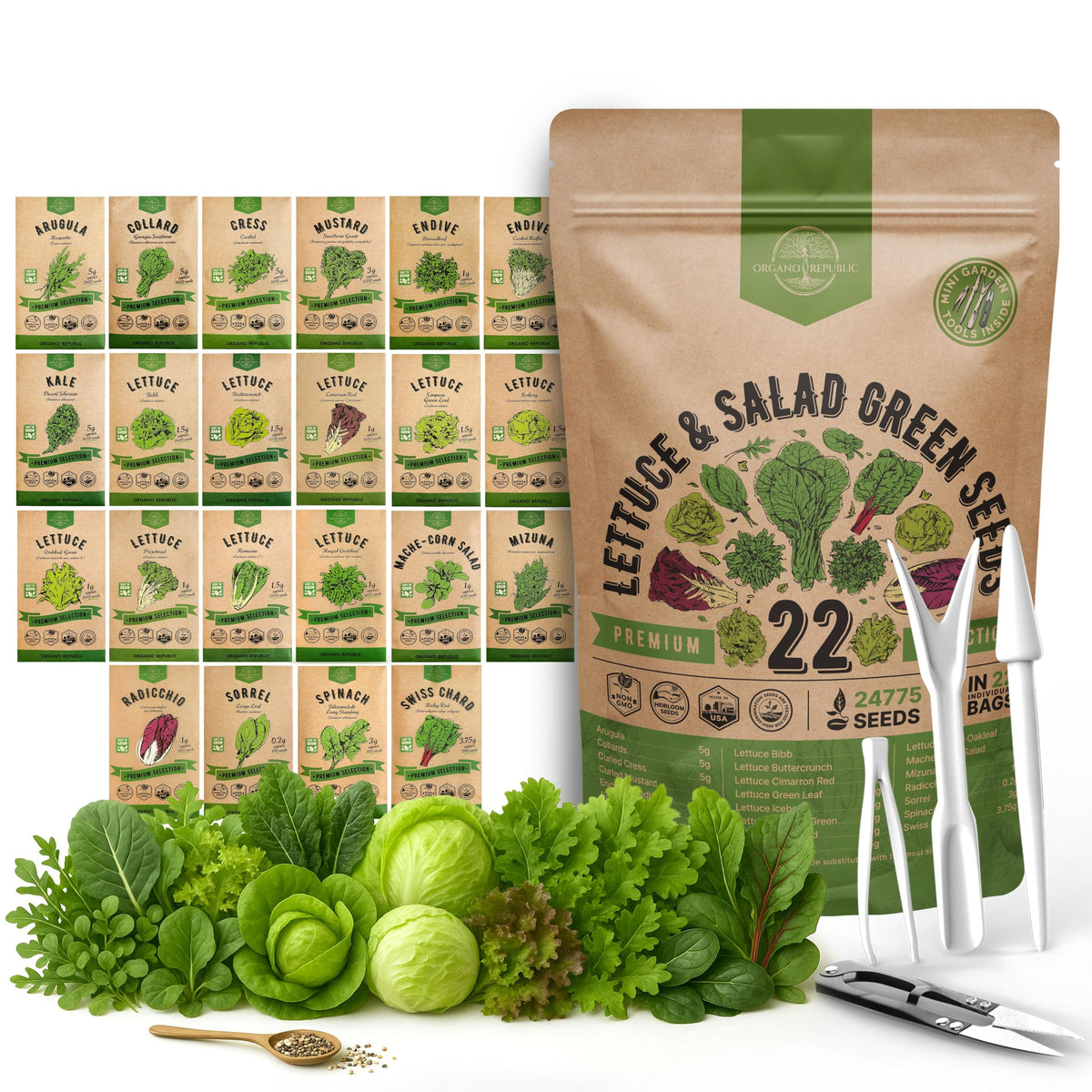 Organo Republic empaque frontal mostrando 22 sobres y bolsa sellada, ideal para conservar semillas