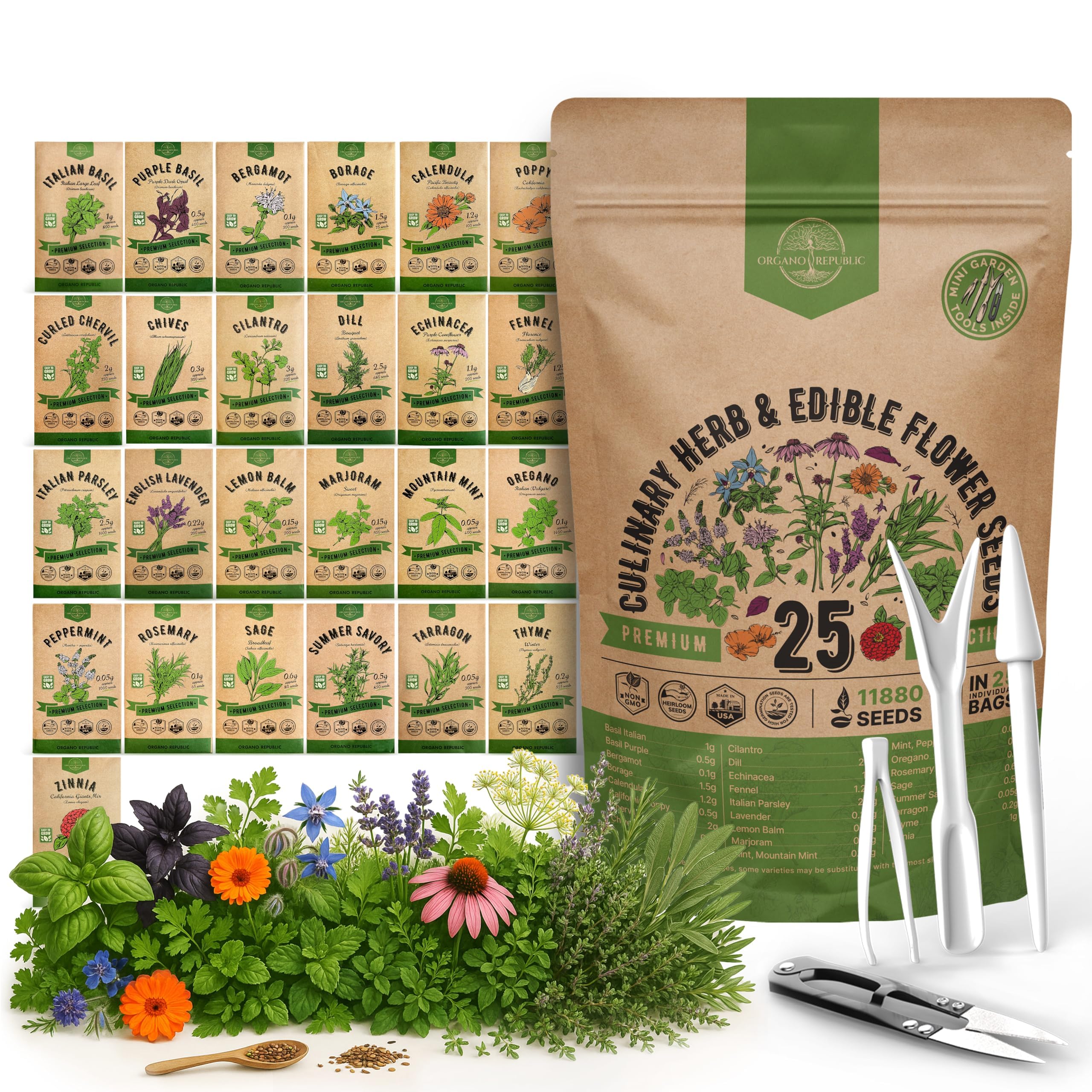 Organo Republic frente del paquete con variedad de semillas, presentación clara