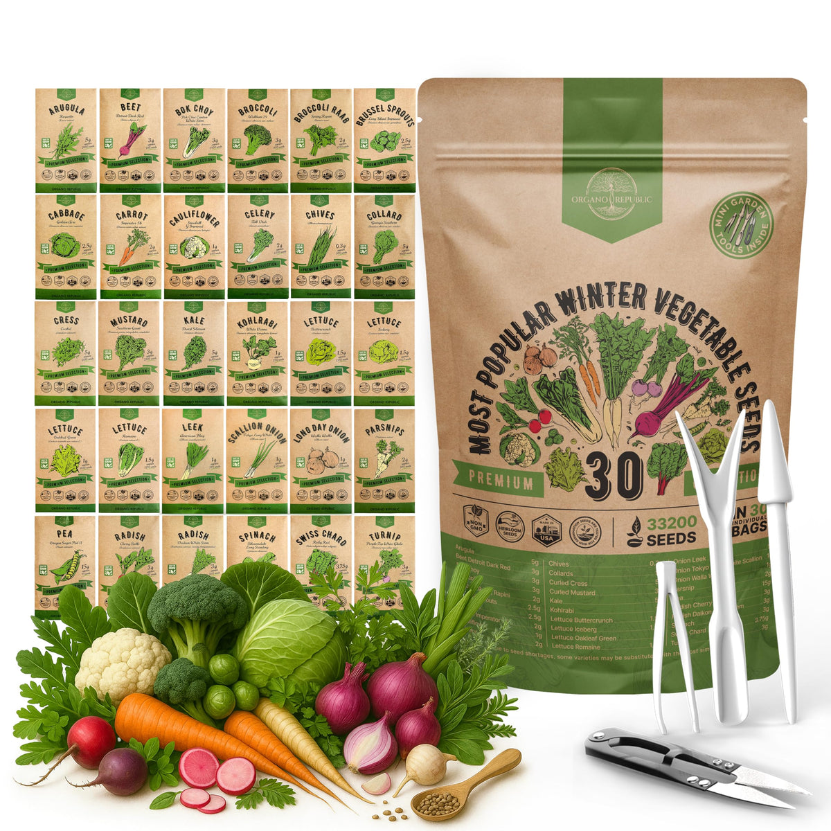 Organo Republic frontal del paquete de semillas mostrando variedad y beneficios