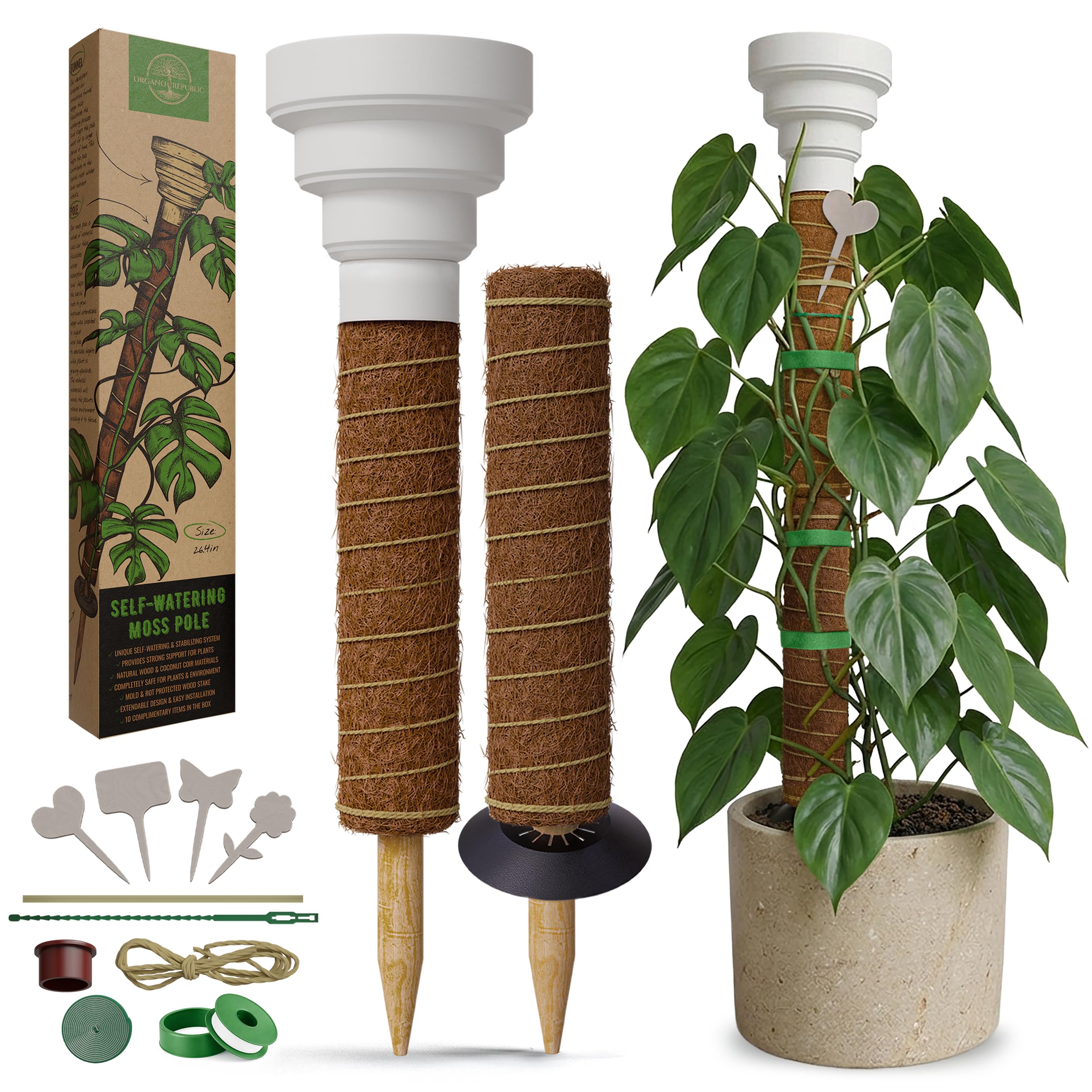 Organo Republic poste frente mostrando soporte vertical para plantas con acabado natural