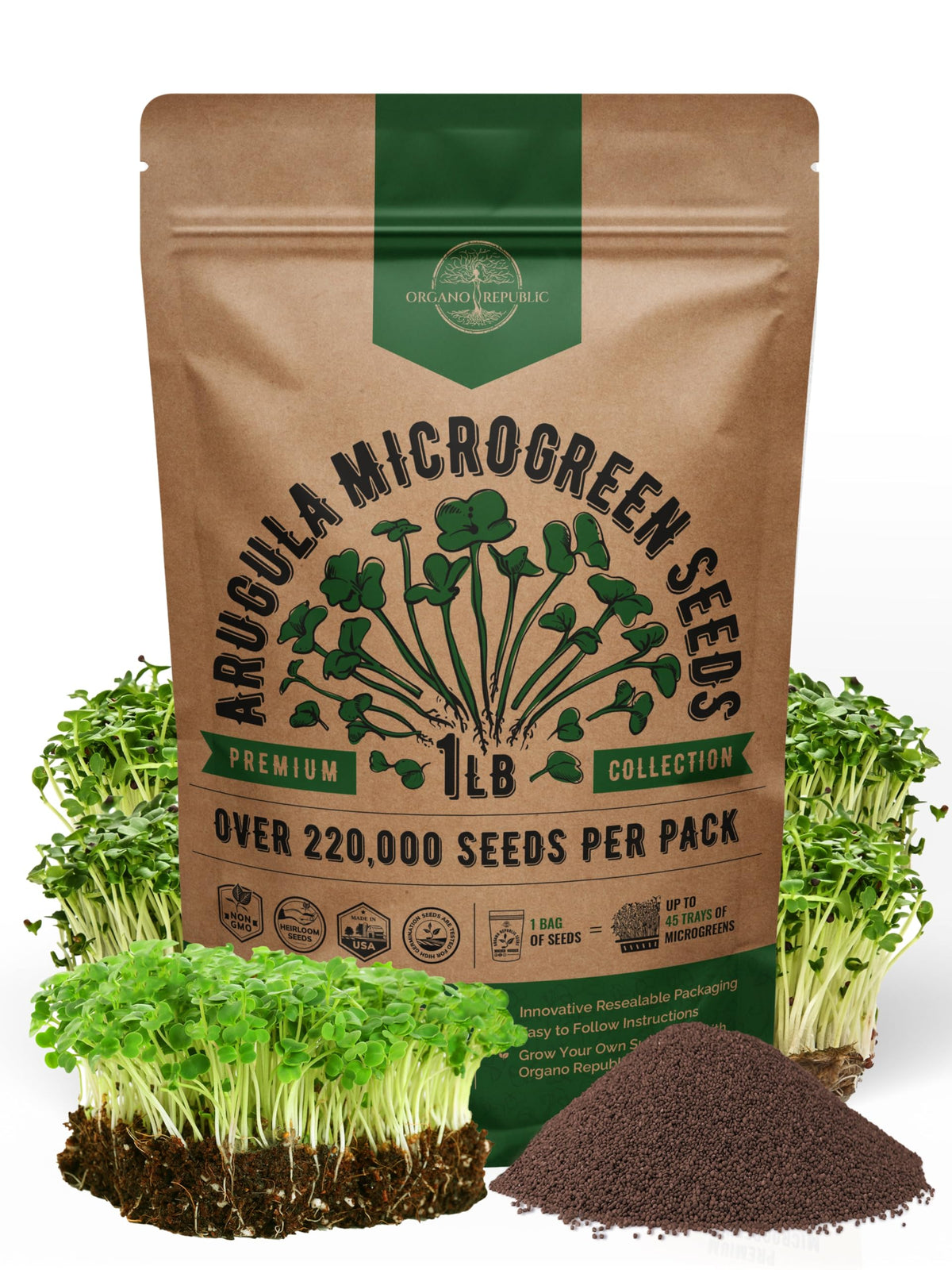 Organo Republic paquete de rúcula frente mostrando bolsa resellable y volumen