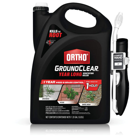 Ortho envase frontal GroundClear 1.33 gal mostrando aplicador y marca para control prolongado
