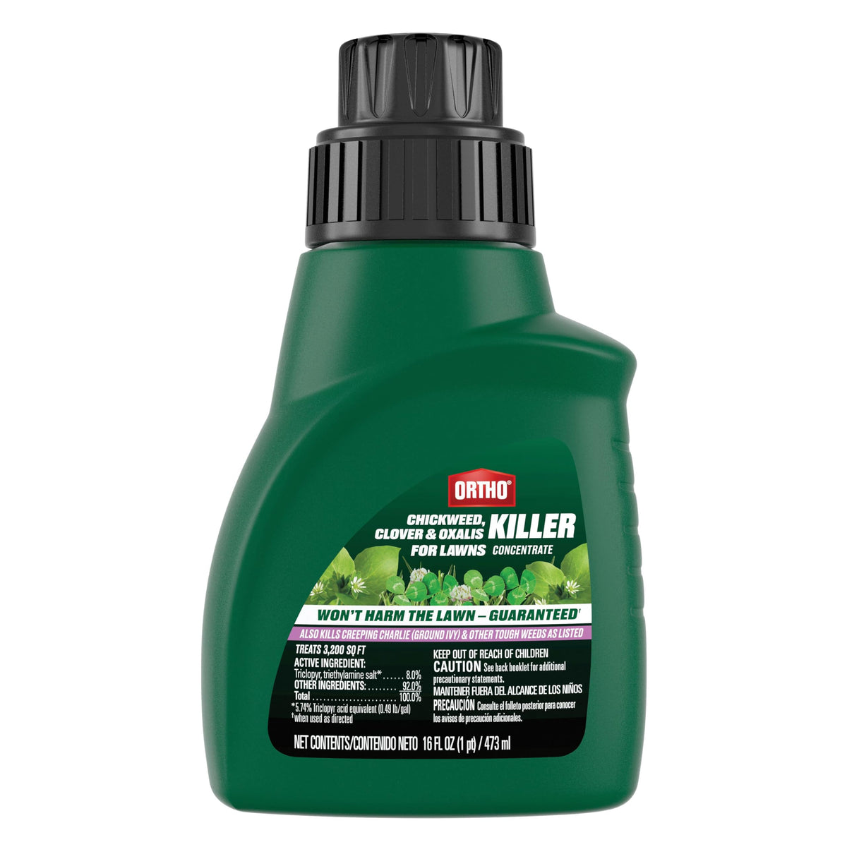 Ortho frasco 16 fl. oz. mostrando el envase y beneficio de control de malezas