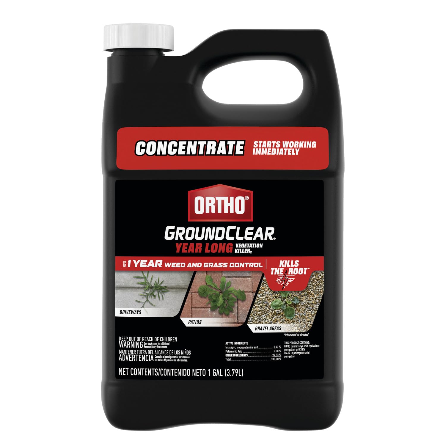 Envase Ortho GroundClear frontal mostrando concentración y beneficio de control prolongado