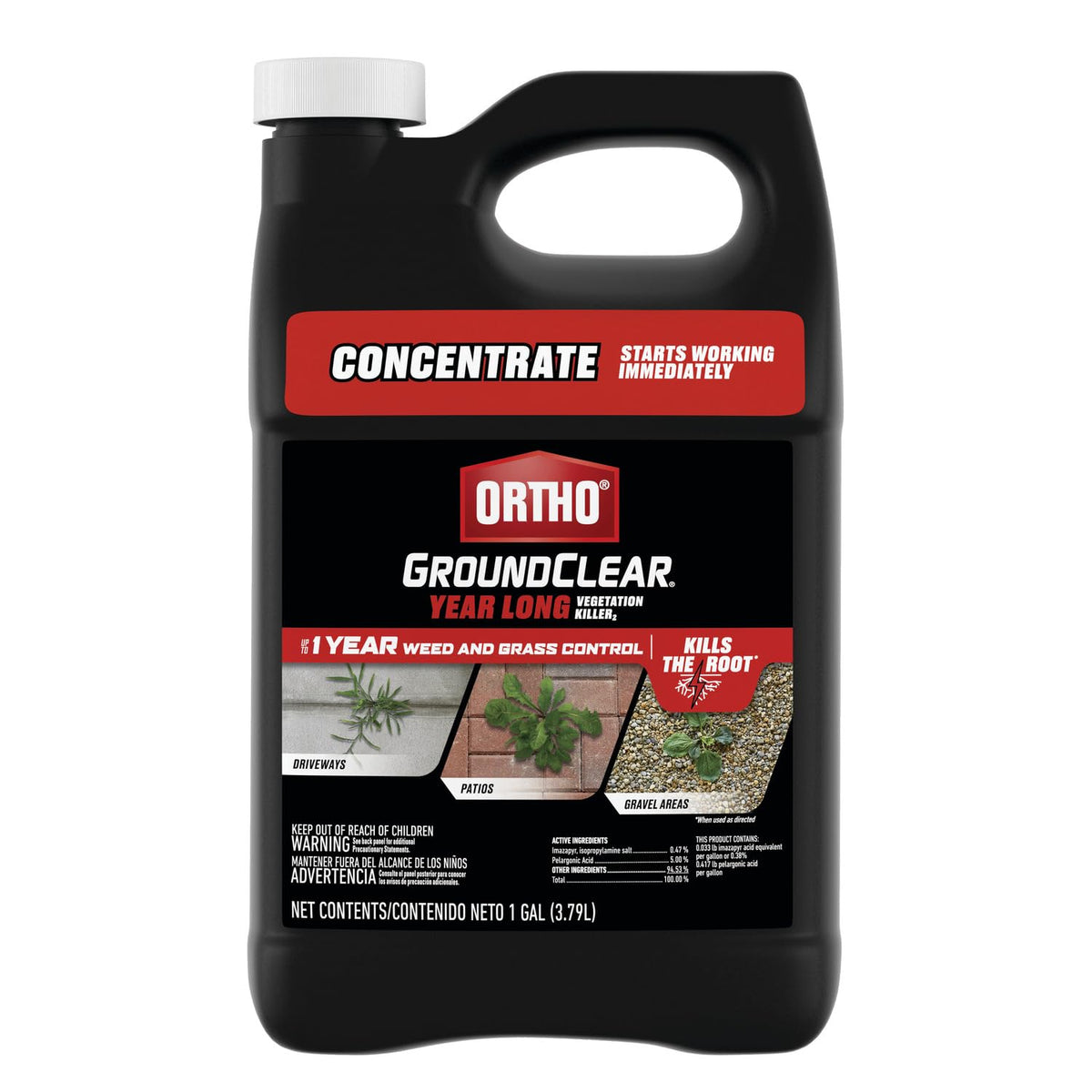 Envase Ortho GroundClear frontal mostrando concentración y beneficio de control prolongado