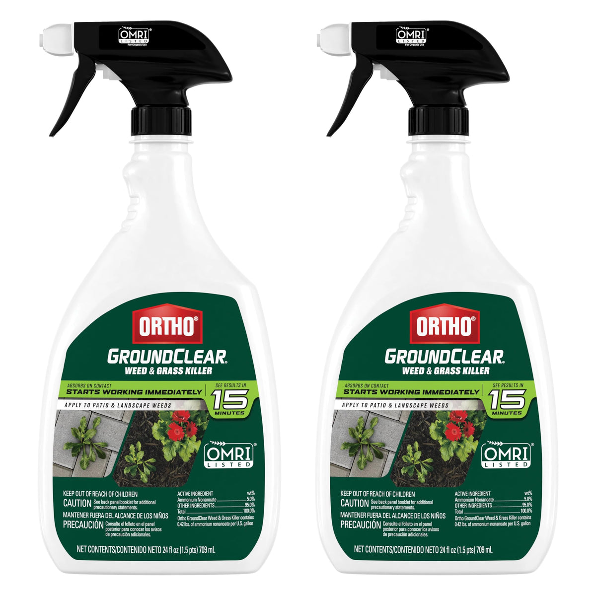 Ortho GroundClear paquete frontal mostrando dos botellas listo para usar, facilita control rápido de malezas