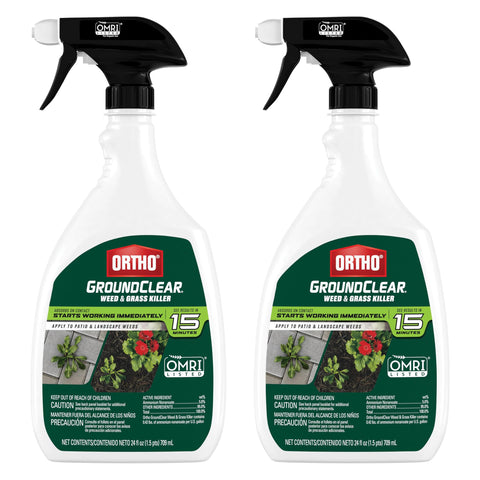 Ortho GroundClear paquete frontal mostrando dos botellas listo para usar, facilita control rápido de malezas