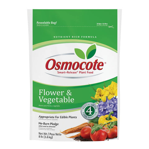 Osmocote frente del envase mostrando 8 lb y beneficio de alimentación prolongada