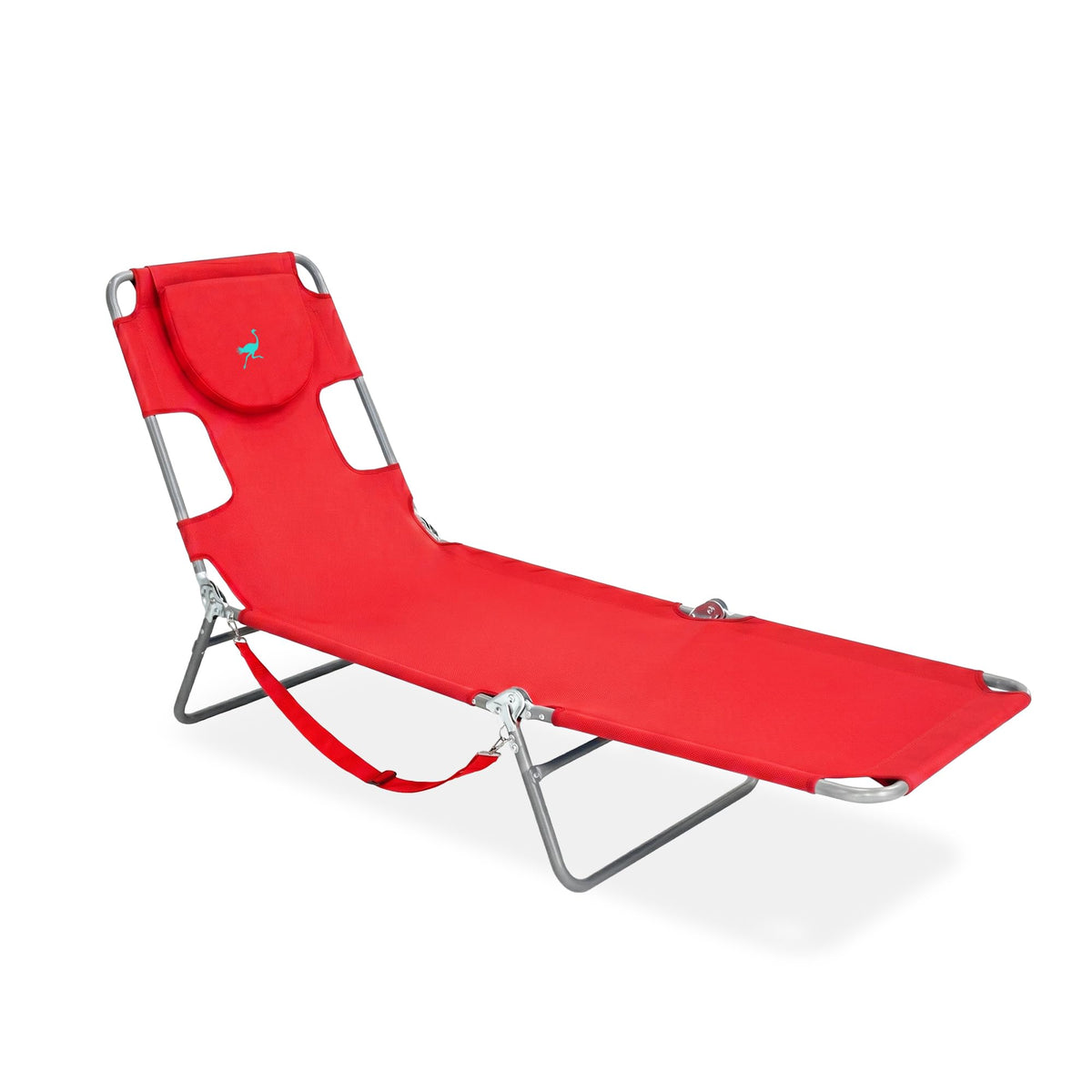 Ostrich vista frontal de la chaise lounge mostrando la forma y color rojo, cómoda y portátil