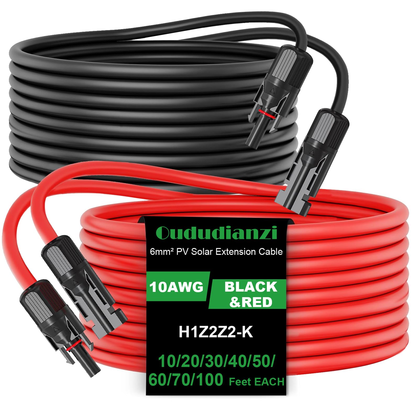 Oududianzi cable solar frontal mostrando color rojo y negro y longitud 20ft para instalación segura