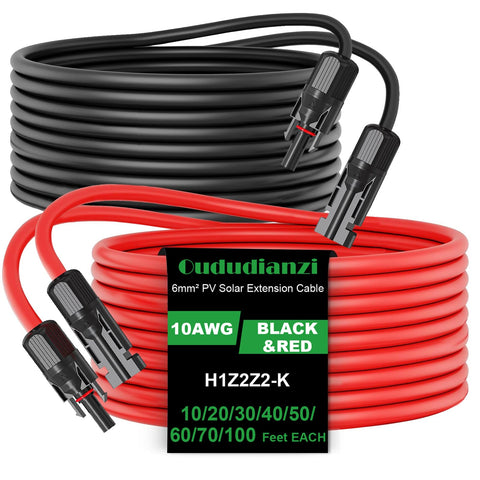 Oududianzi cable solar frontal mostrando color rojo y negro y longitud 20ft para instalación segura