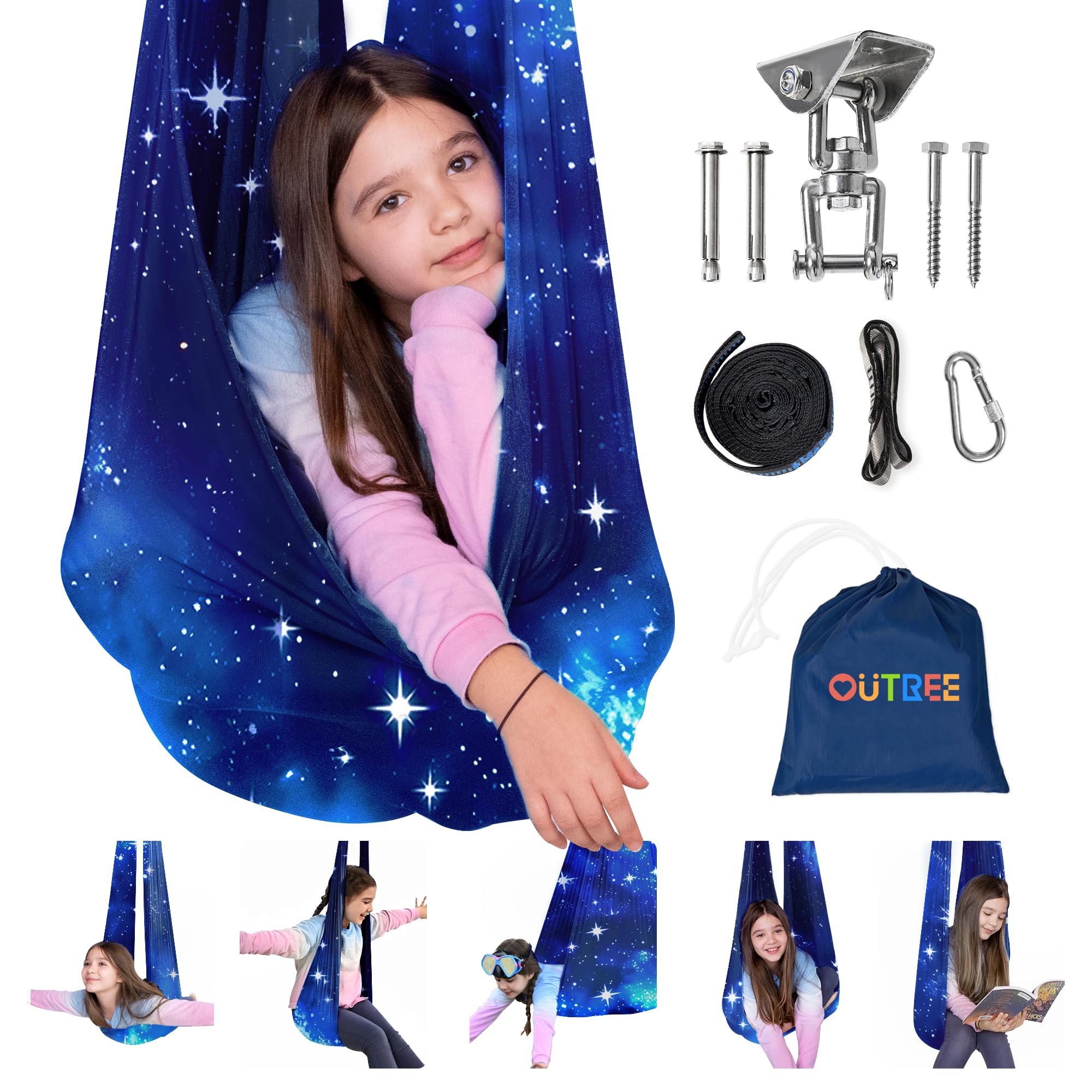 OUTREE columpio frontal azul estrella muestra diseño envolvente y calma