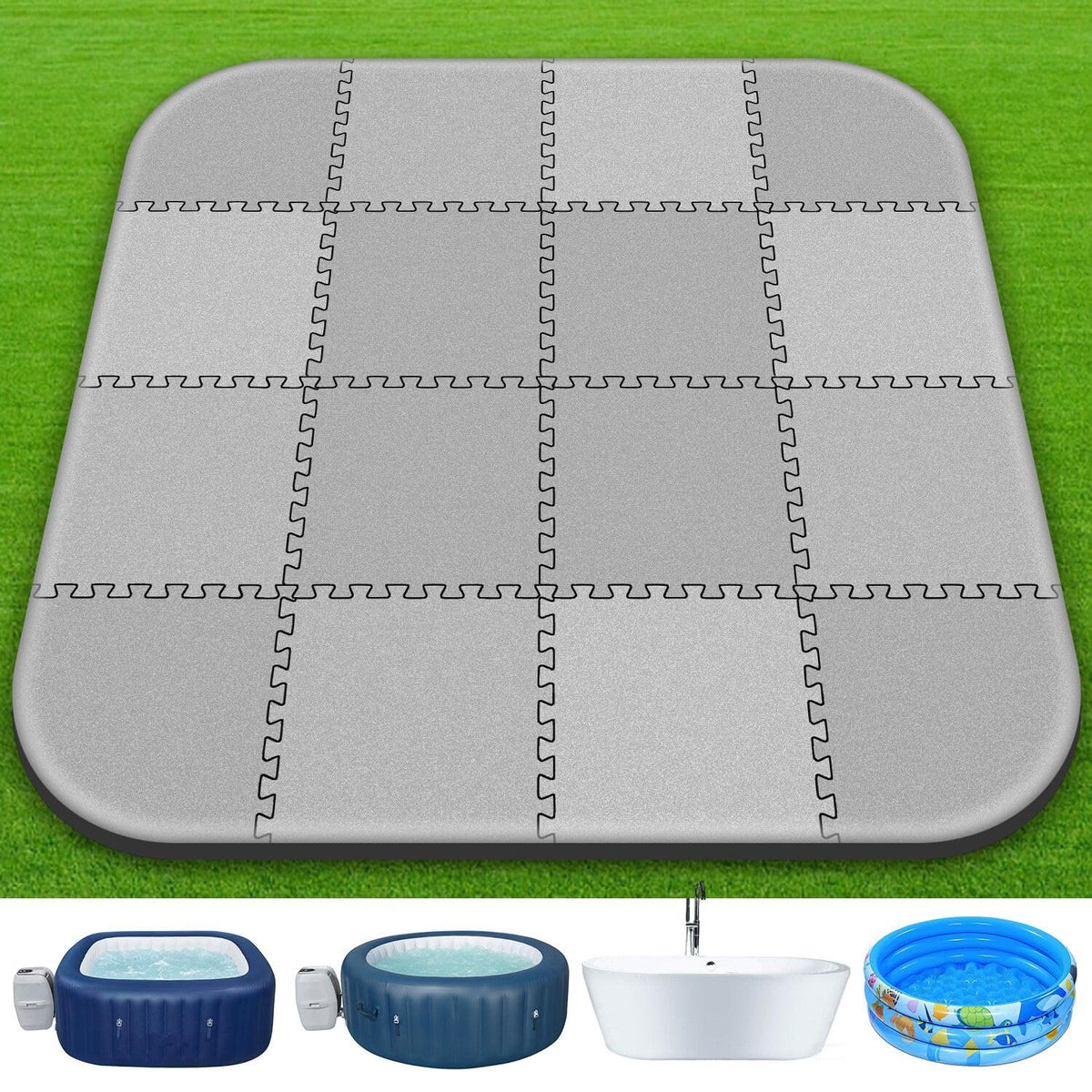 Oyrlize vista frontal del empaque y alfombra protectora para spa, protección visible