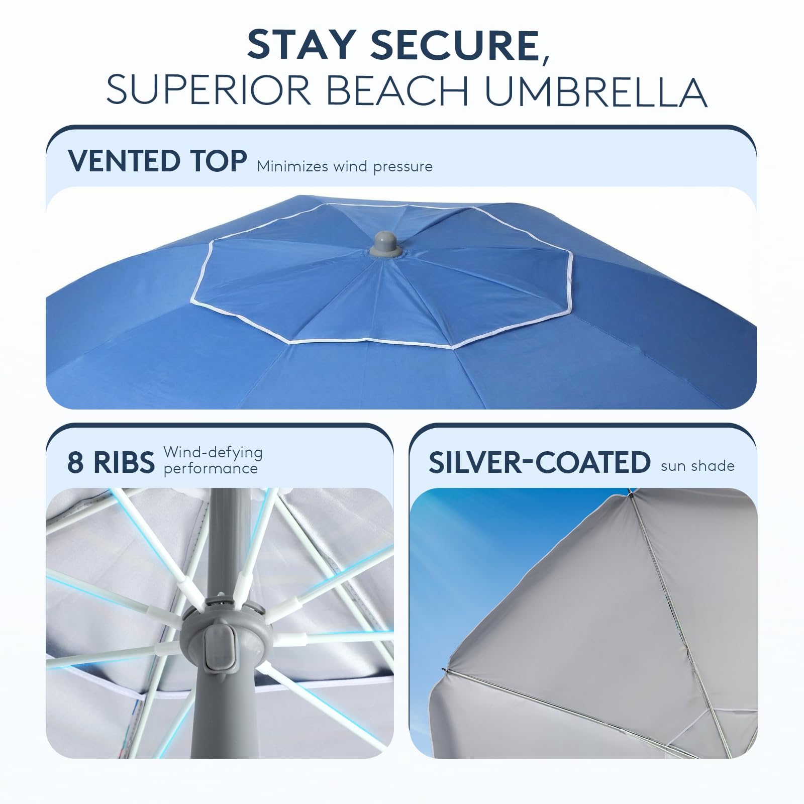PASAMIC sombrilla instalada en playa con familia disfrutando sombra y comodidad