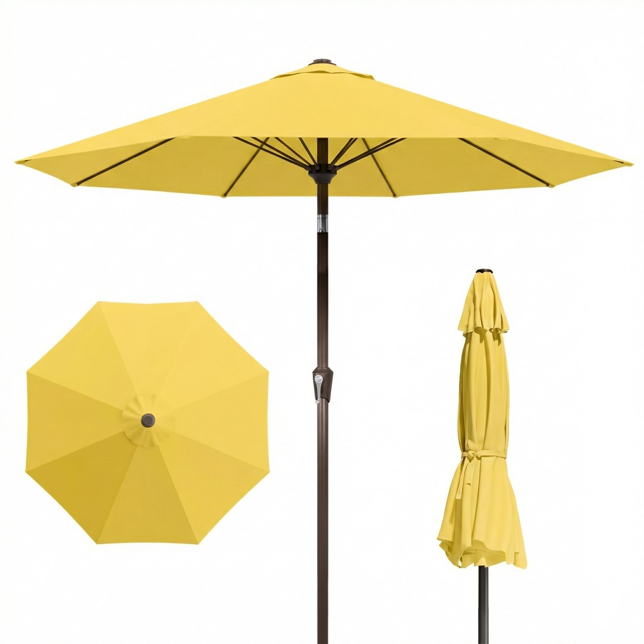 Patio Kingdom vista frontal de la sombrilla yellow protegiendo mesa exterior