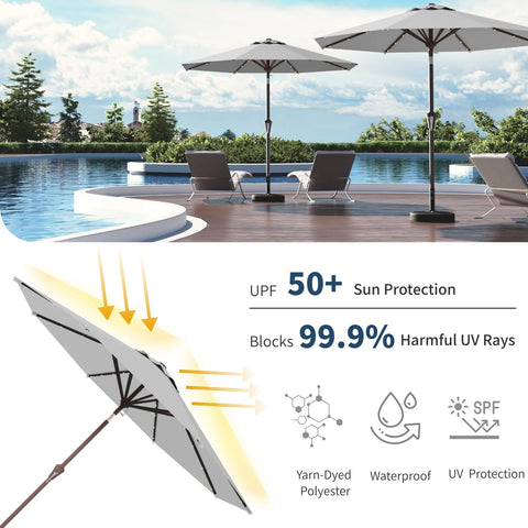 Patio Kingdom luces LED encendidas creando ambiente nocturno agradable