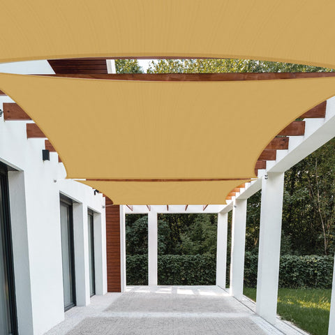 Patio vela frontal empaque arena mostrando tamaño y acabado